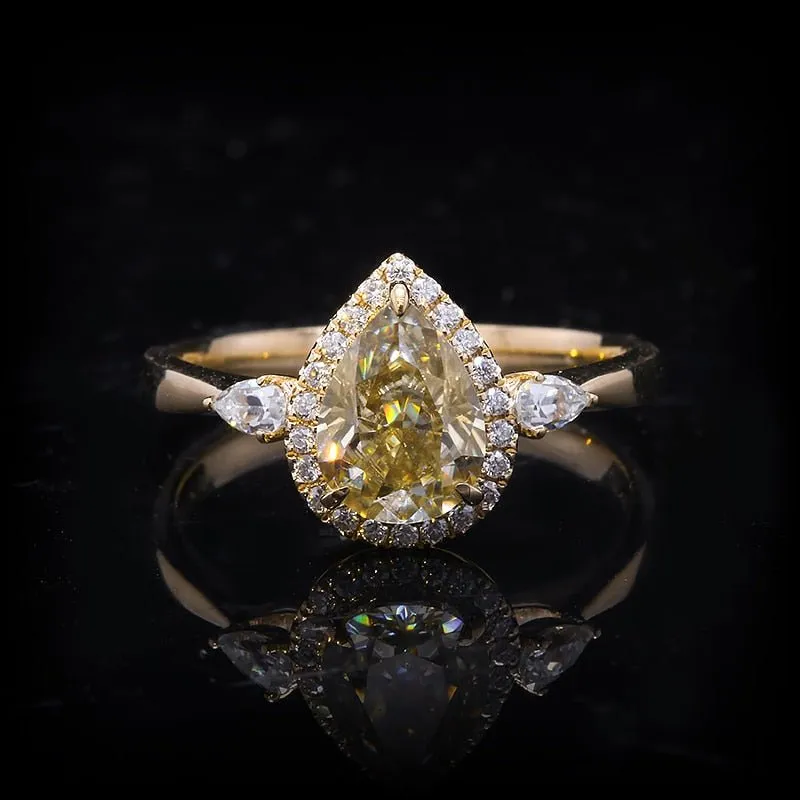 Three Stone Pear Brilliant Cut Yellow Diamond Engagement Ring