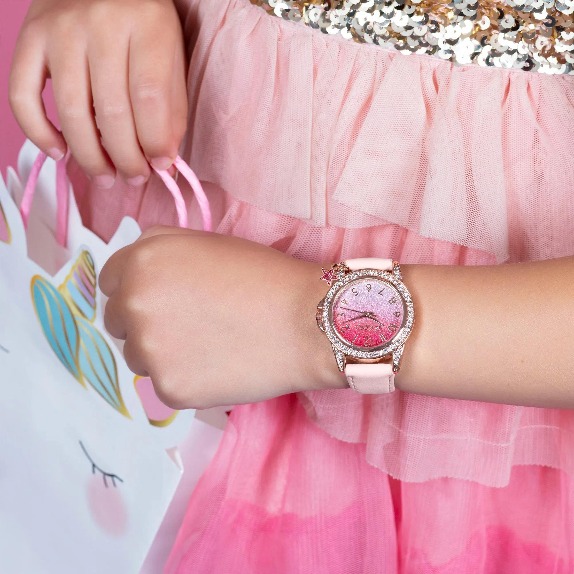 Tikkers PU Strap Pink Glitter Watch, Necklace & Purse Set