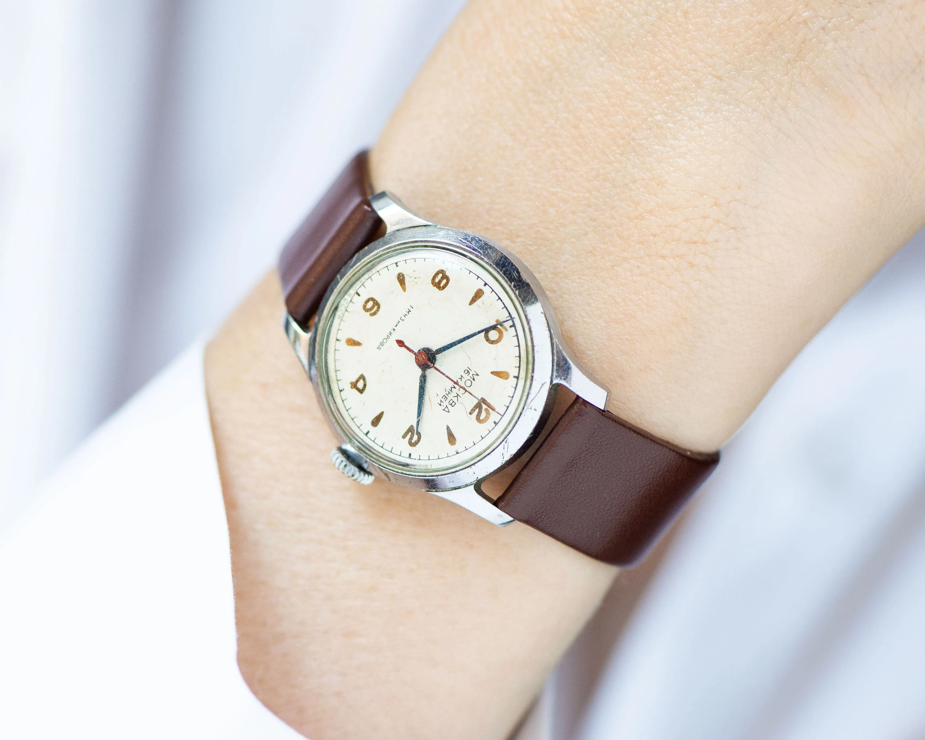 Tomboy wristwatch Moscow, vintage classic watch rare, minimalist girl watch gift, boyfriend's watch mid century, new luxury leather strap