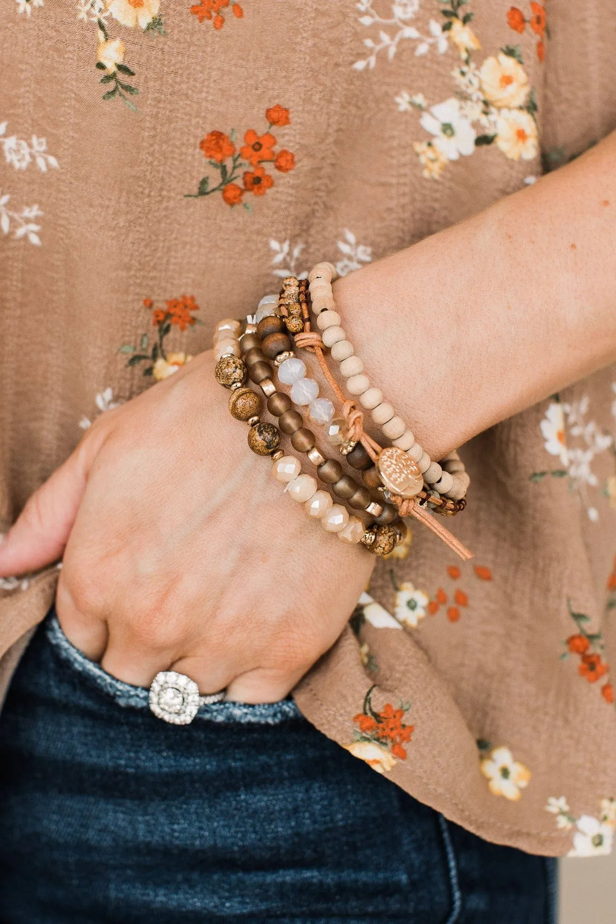 Tree Of Life Stackable Bracelet Set- Brown
