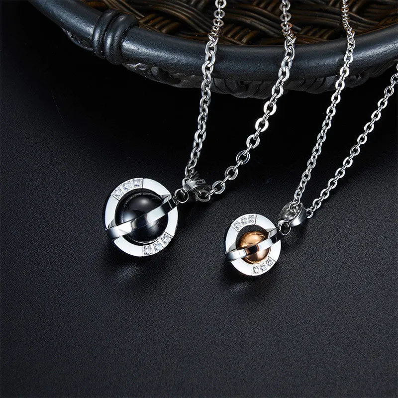 Turnable Ball Pendant Titanium Steel With Diamonds Couple Necklace