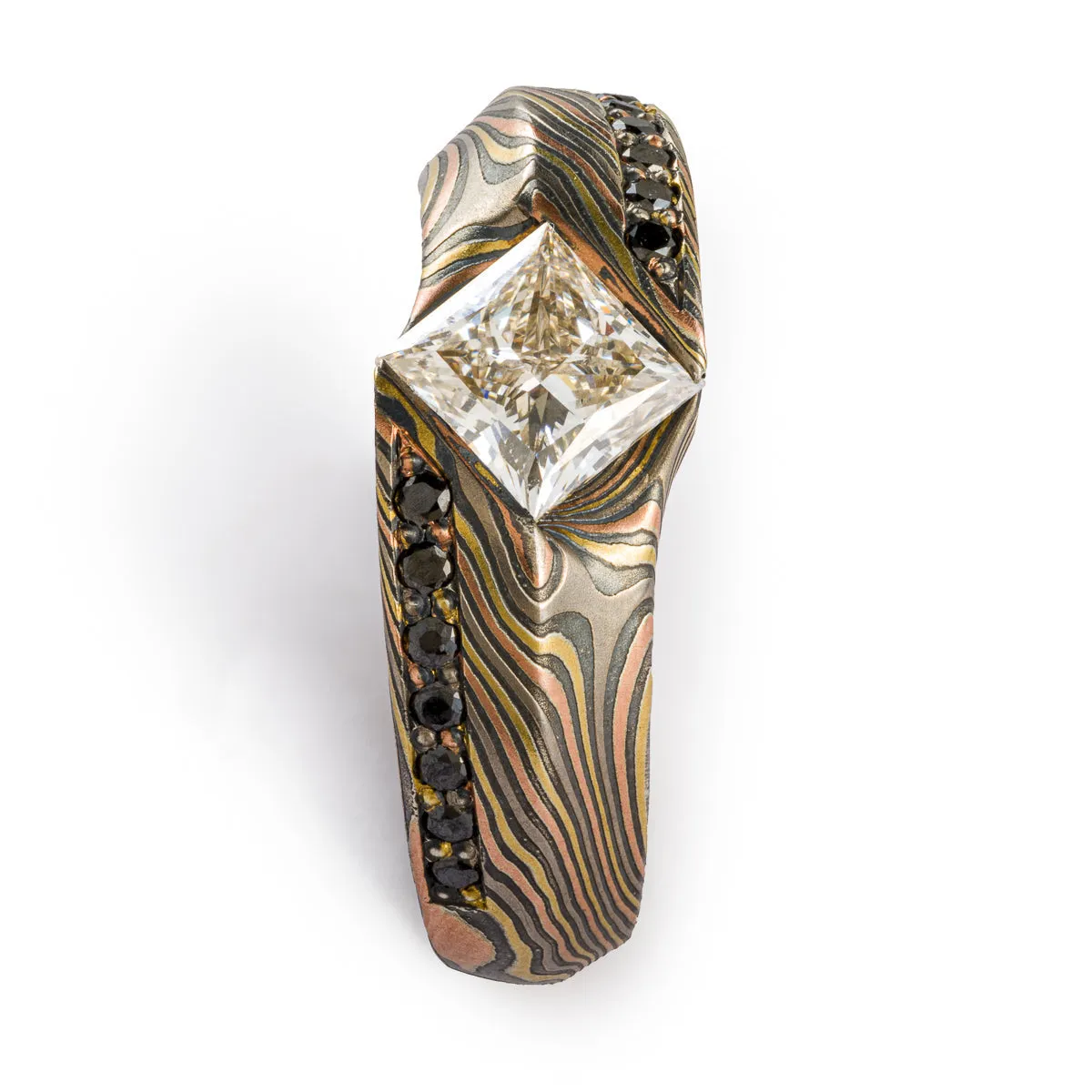 Unique Mokume Gane Ring in Twist Pattern and Firestorm Palette with Cathedral Set Square Diamond and Bead Set Black Diamonds