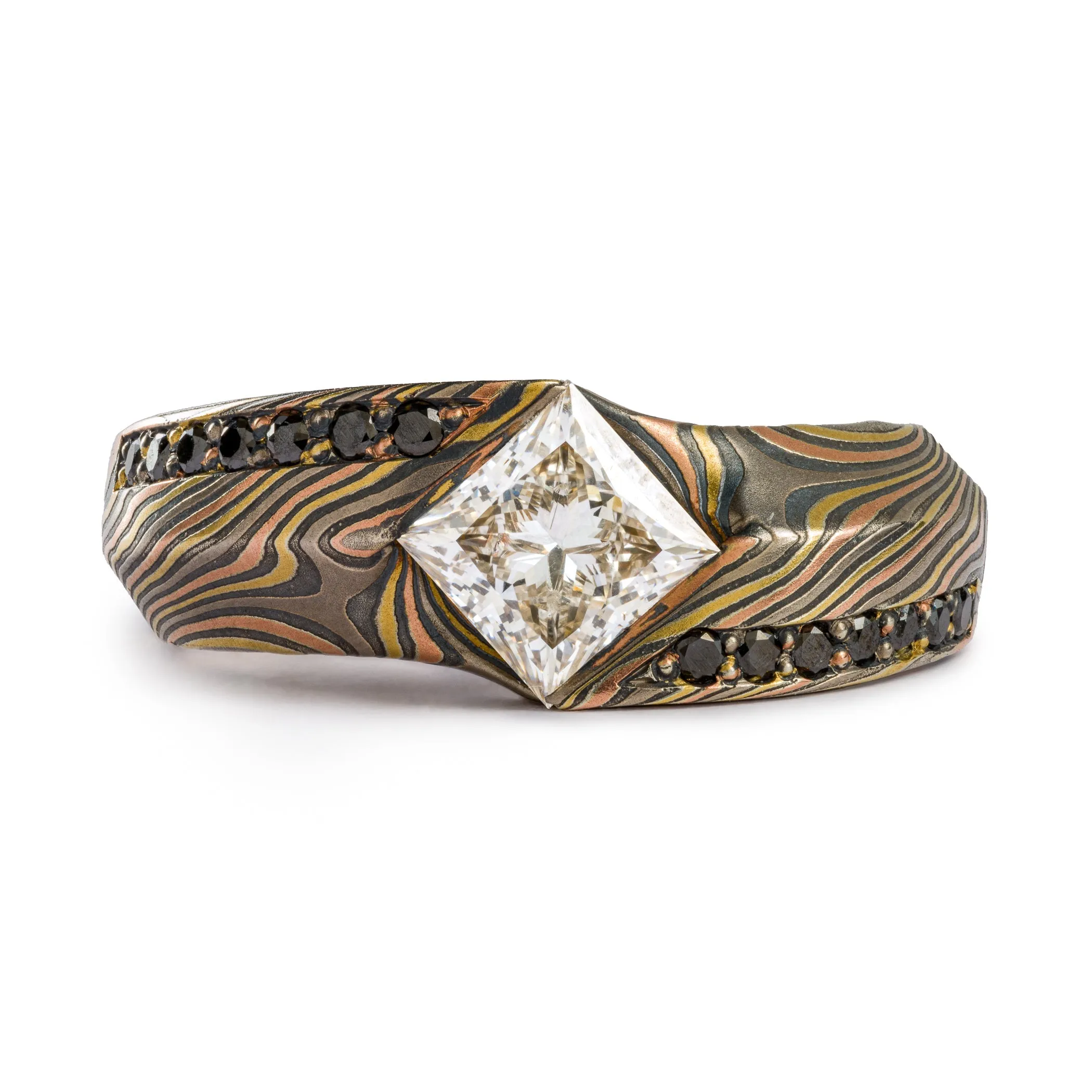 Unique Mokume Gane Ring in Twist Pattern and Firestorm Palette with Cathedral Set Square Diamond and Bead Set Black Diamonds