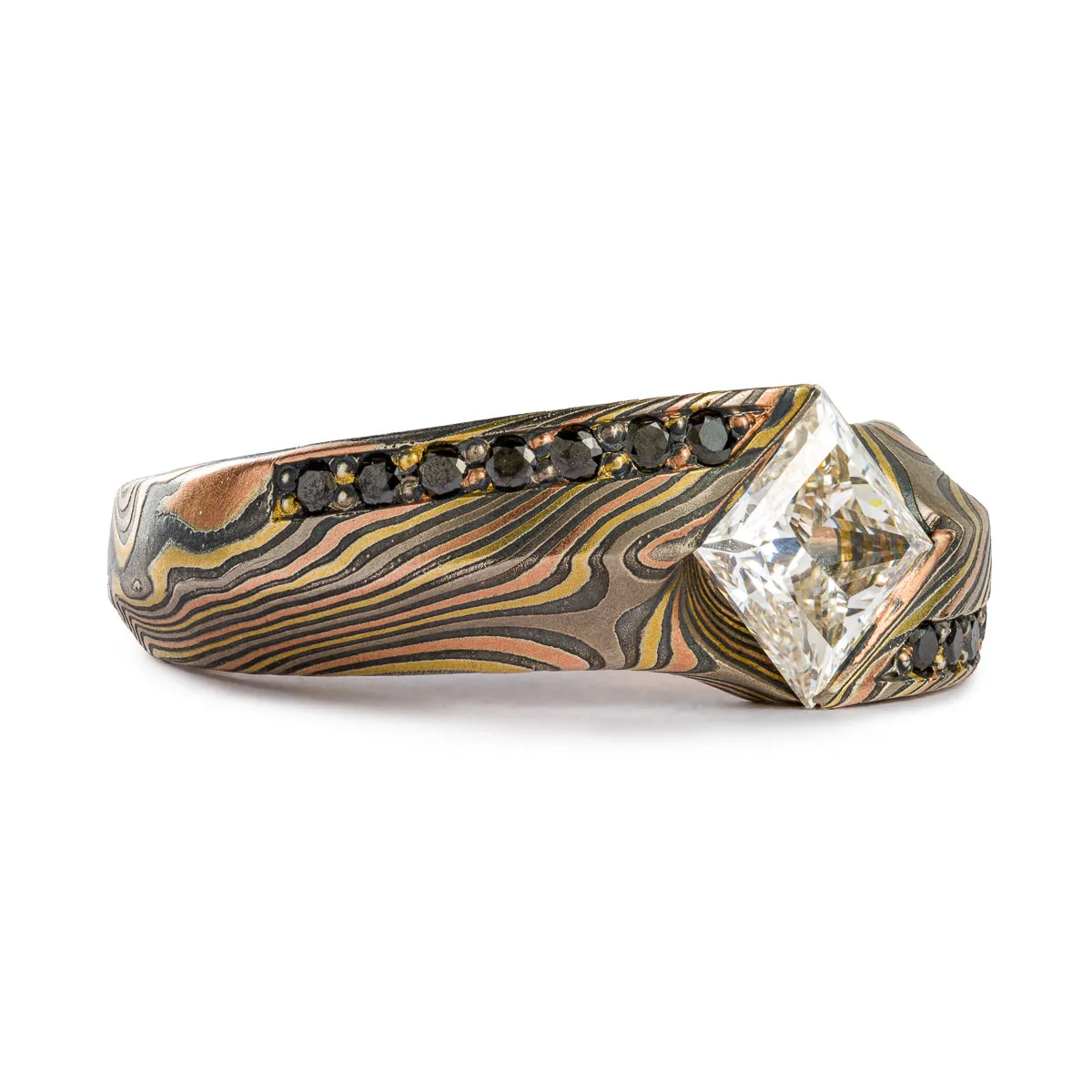 Unique Mokume Gane Ring in Twist Pattern and Firestorm Palette with Cathedral Set Square Diamond and Bead Set Black Diamonds