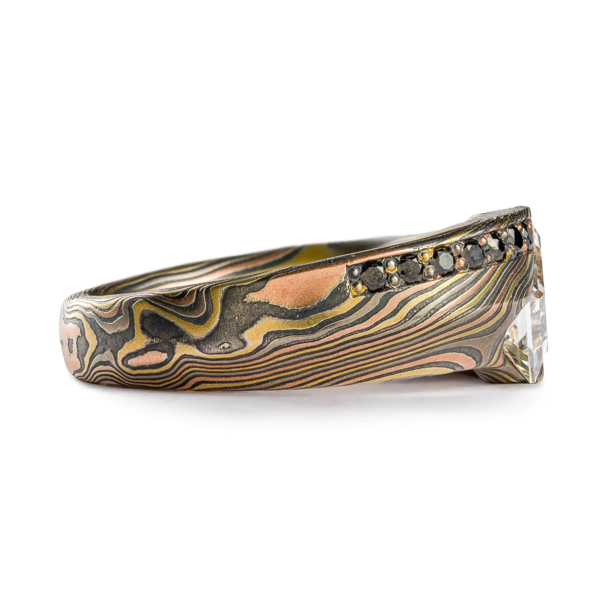 Unique Mokume Gane Ring in Twist Pattern and Firestorm Palette with Cathedral Set Square Diamond and Bead Set Black Diamonds