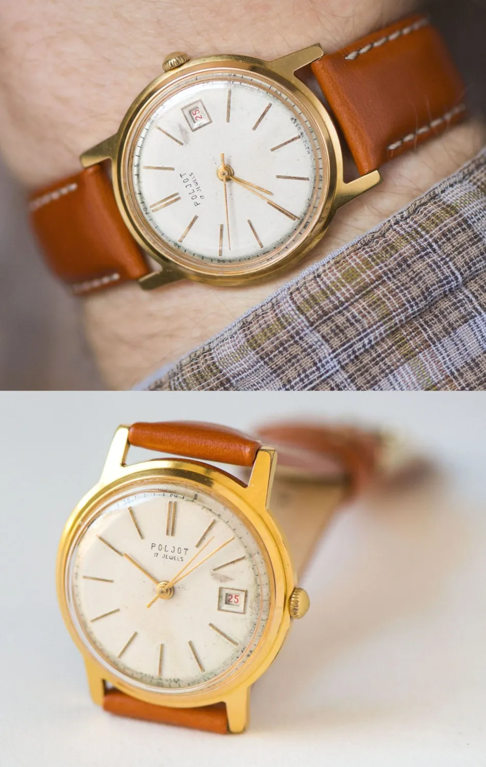 Unisex watch classic Poljot\Flight, gold plated Au 20 tomboy wristwatch, retro men's watch, dress wristwatch her, new premium leather strap