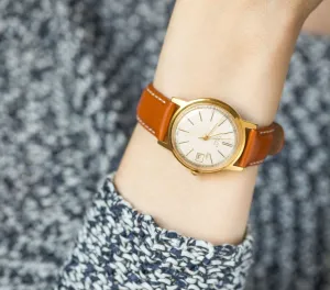 Unisex watch classic Poljot\Flight, gold plated Au 20 tomboy wristwatch, retro men's watch, dress wristwatch her, new premium leather strap