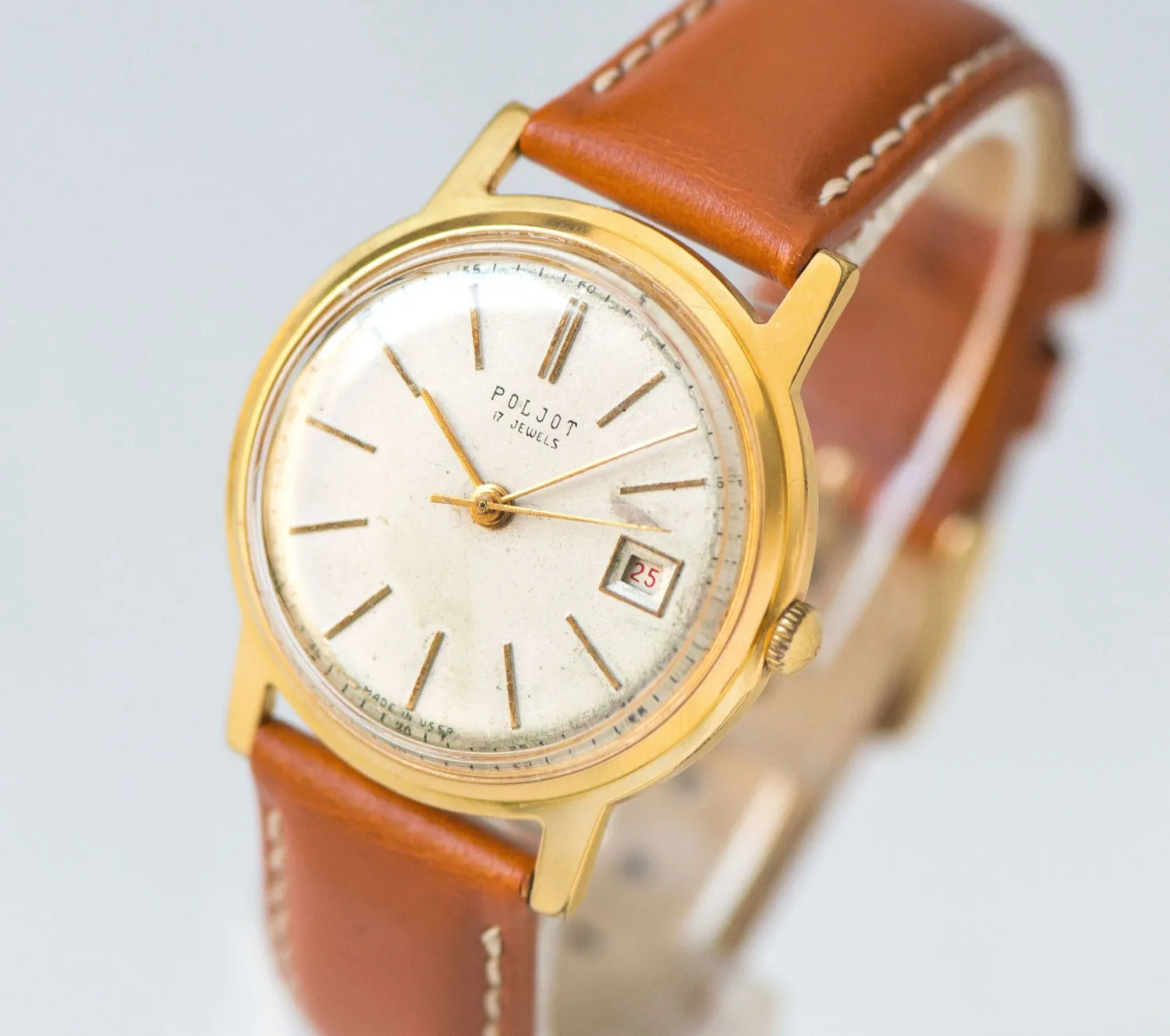 Unisex watch classic Poljot\Flight, gold plated Au 20 tomboy wristwatch, retro men's watch, dress wristwatch her, new premium leather strap