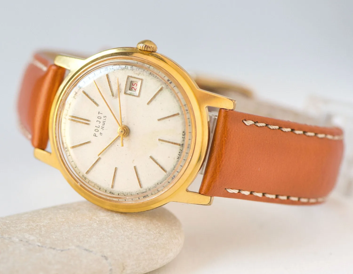 Unisex watch classic Poljot\Flight, gold plated Au 20 tomboy wristwatch, retro men's watch, dress wristwatch her, new premium leather strap