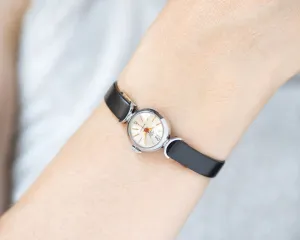 Unused crescent trim case wristwatch for women Dawn, NOS limited edition women retro watch silver shade vintage, new premium leather strap