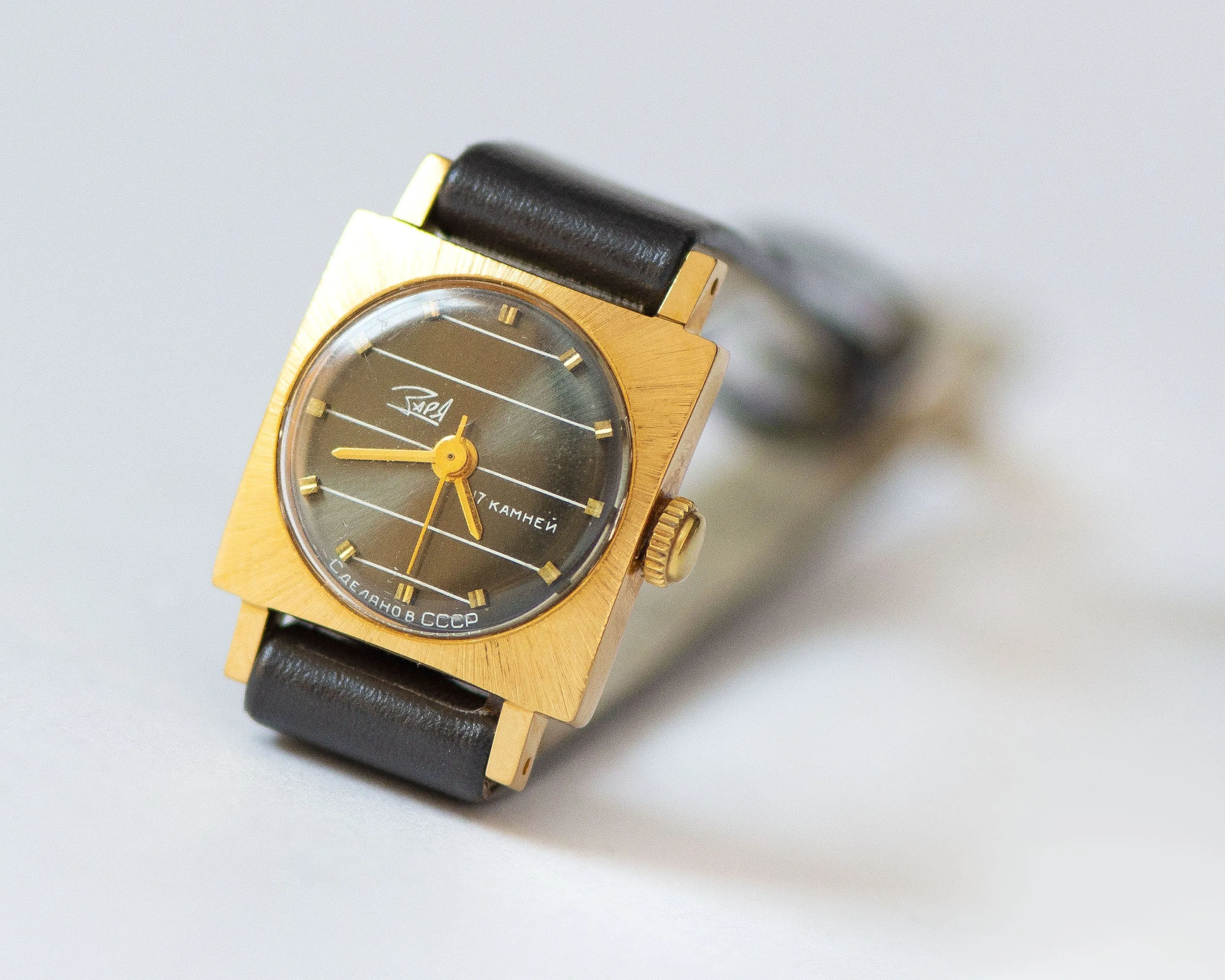 Unused women watch black stripe Dawn, gold plated watch for lady limited edition, small square women watch gift, new premium leather strap