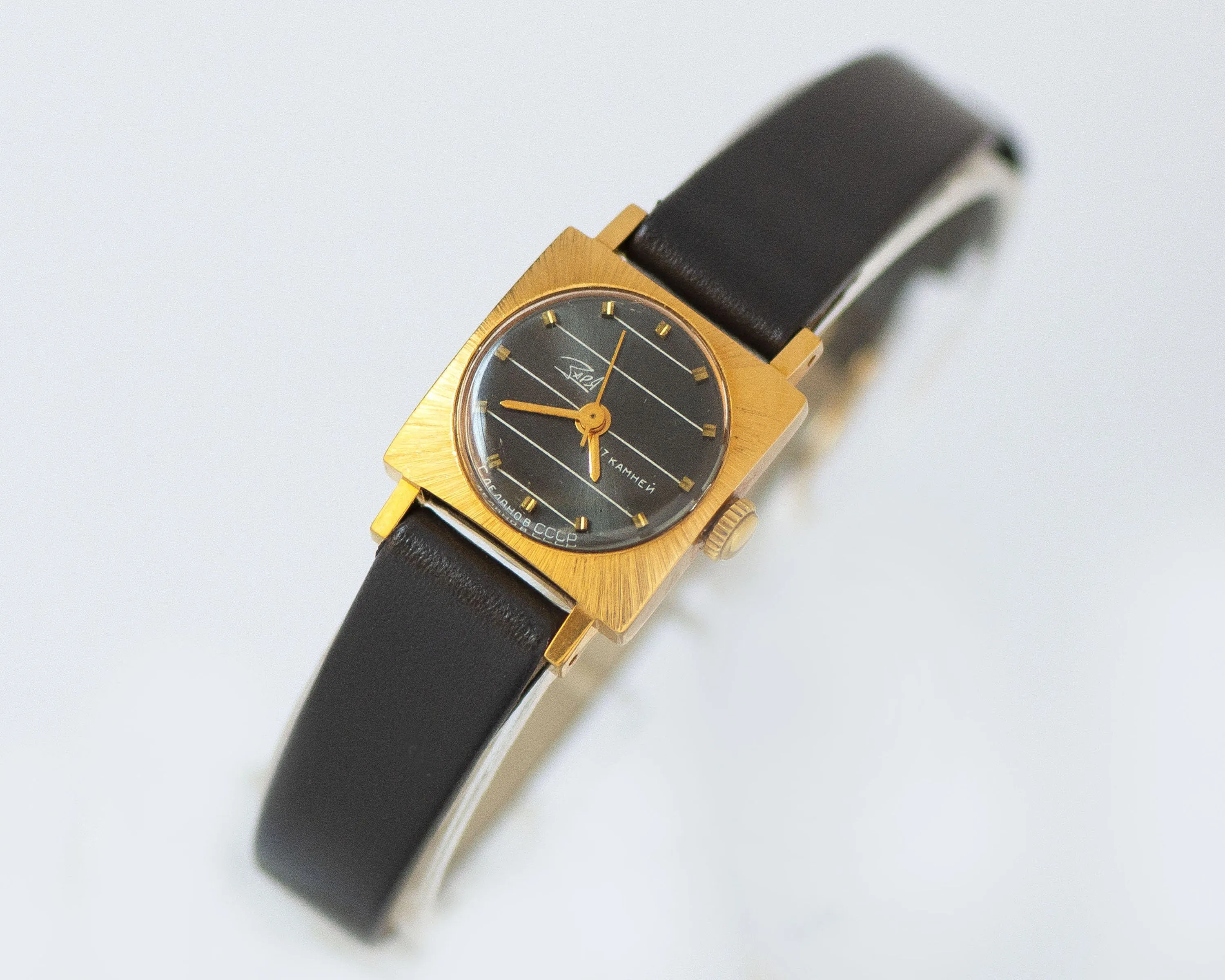 Unused women watch black stripe Dawn, gold plated watch for lady limited edition, small square women watch gift, new premium leather strap