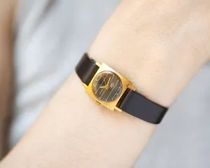Unused women watch black stripe Dawn, gold plated watch for lady limited edition, small square women watch gift, new premium leather strap