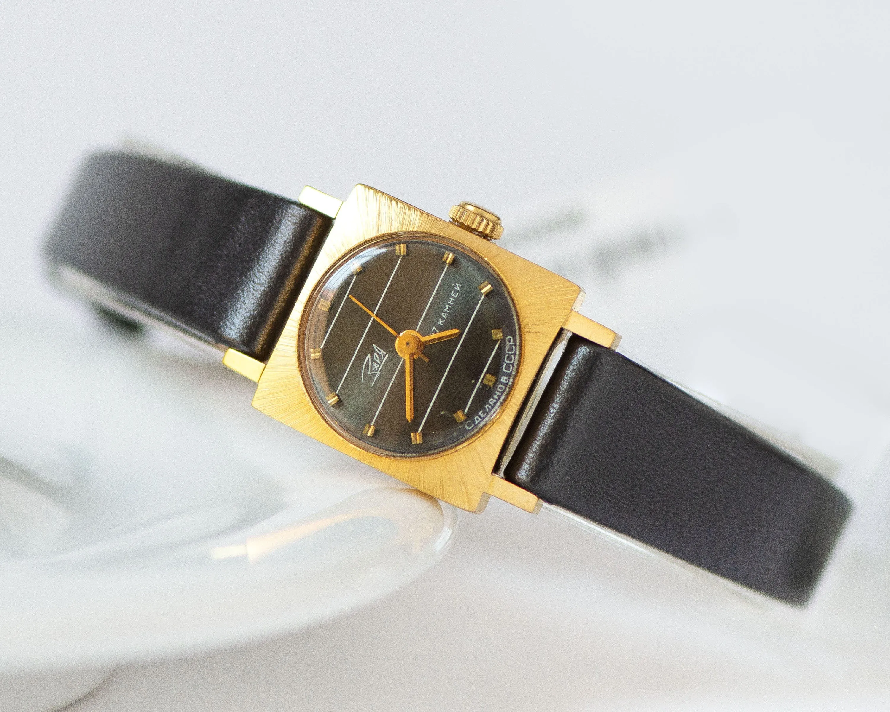 Unused women watch black stripe Dawn, gold plated watch for lady limited edition, small square women watch gift, new premium leather strap