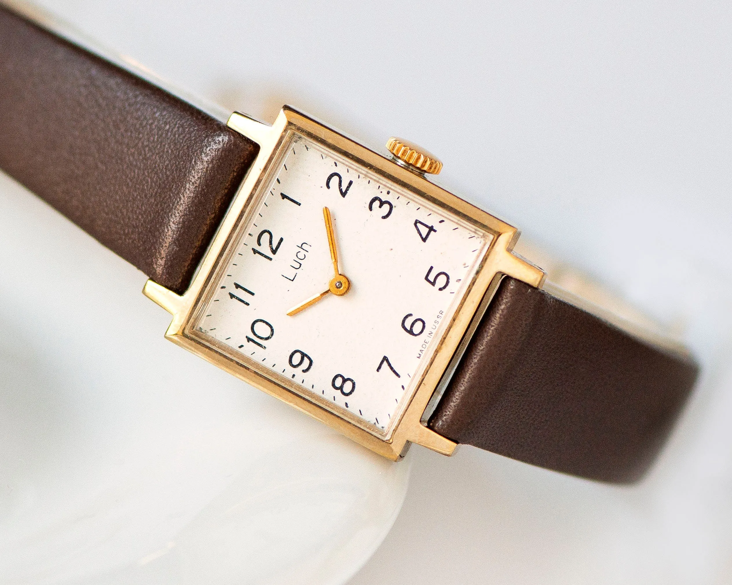 Unused women watch vintage Ray, square lady watch gold plated, modern minimalist women wristwatch jewelry gift, new luxury leather strap