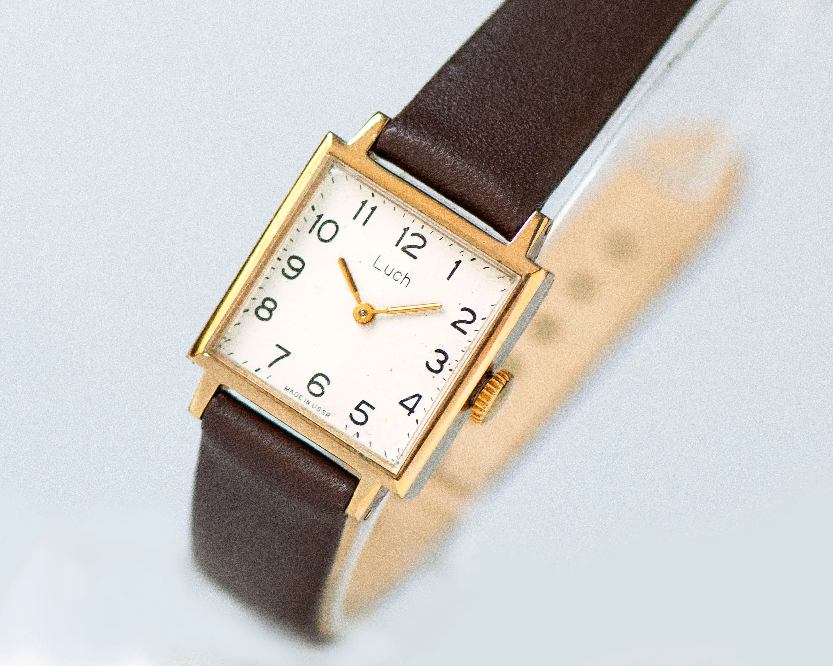 Unused women watch vintage Ray, square lady watch gold plated, modern minimalist women wristwatch jewelry gift, new luxury leather strap