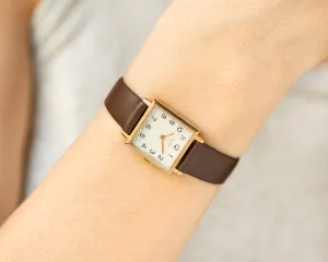 Unused women watch vintage Ray, square lady watch gold plated, modern minimalist women wristwatch jewelry gift, new luxury leather strap
