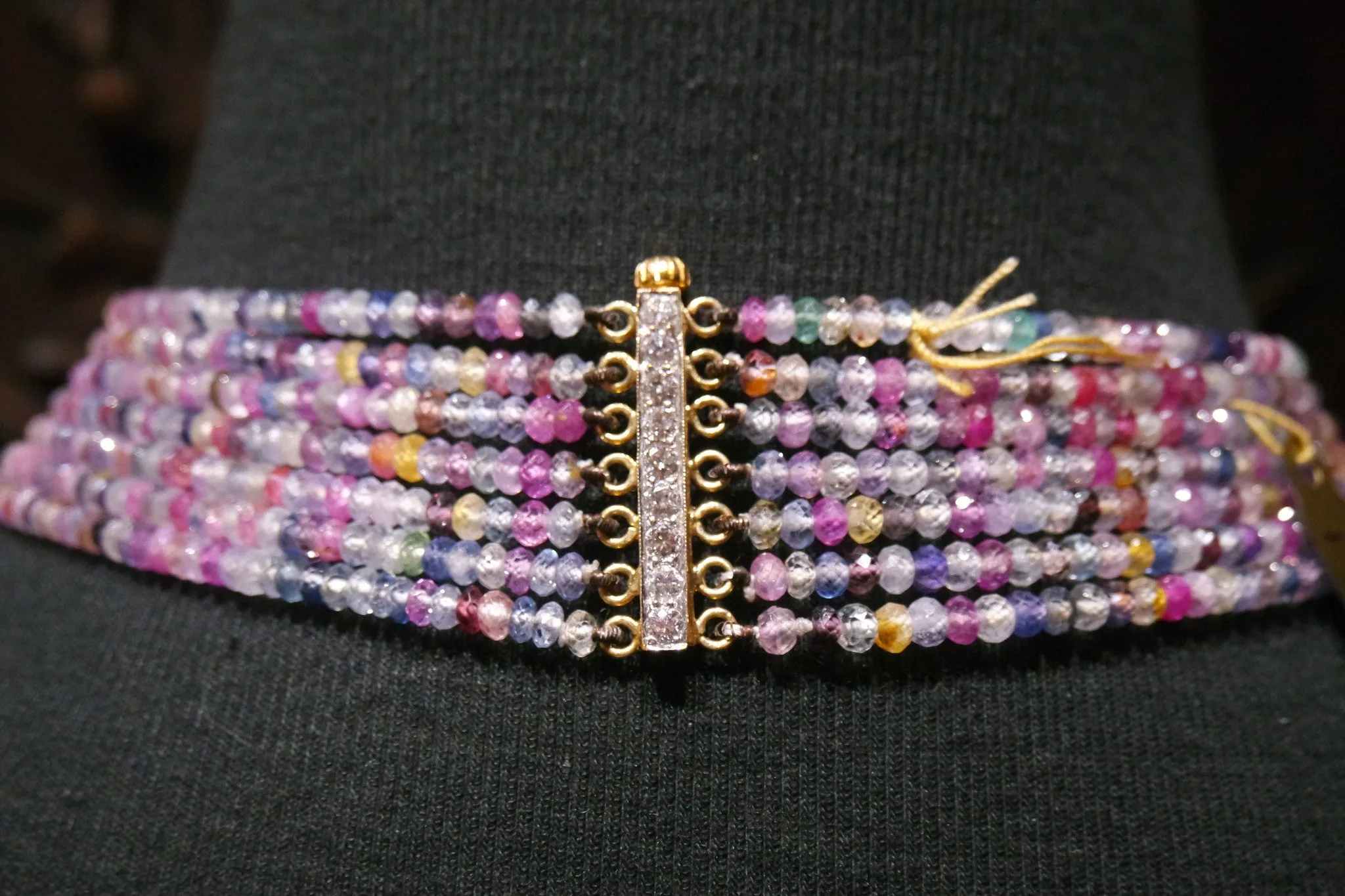 Very Fine Natural Multi Colored Sapphire Necklace with Diamond Bar Stations