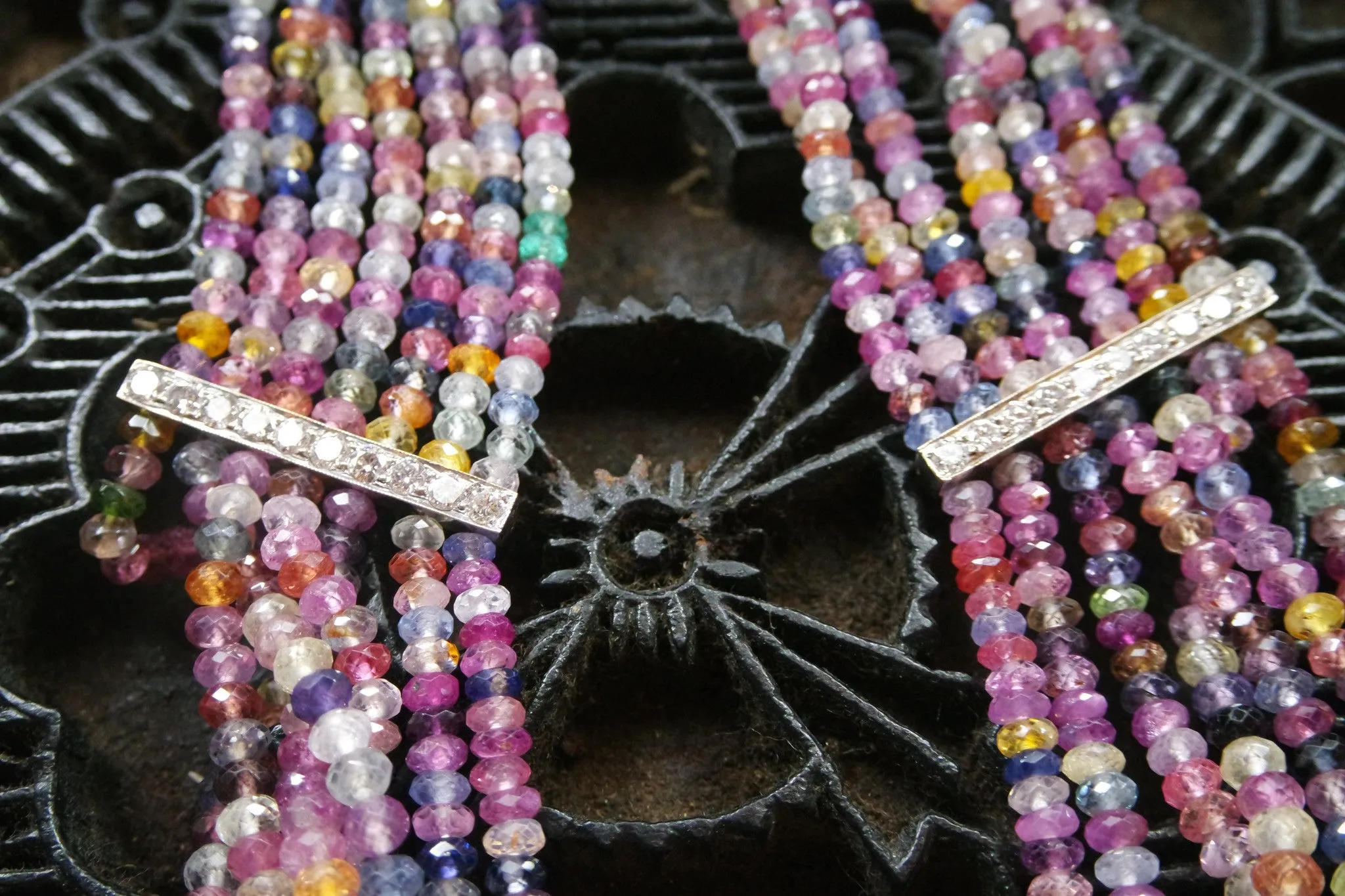 Very Fine Natural Multi Colored Sapphire Necklace with Diamond Bar Stations