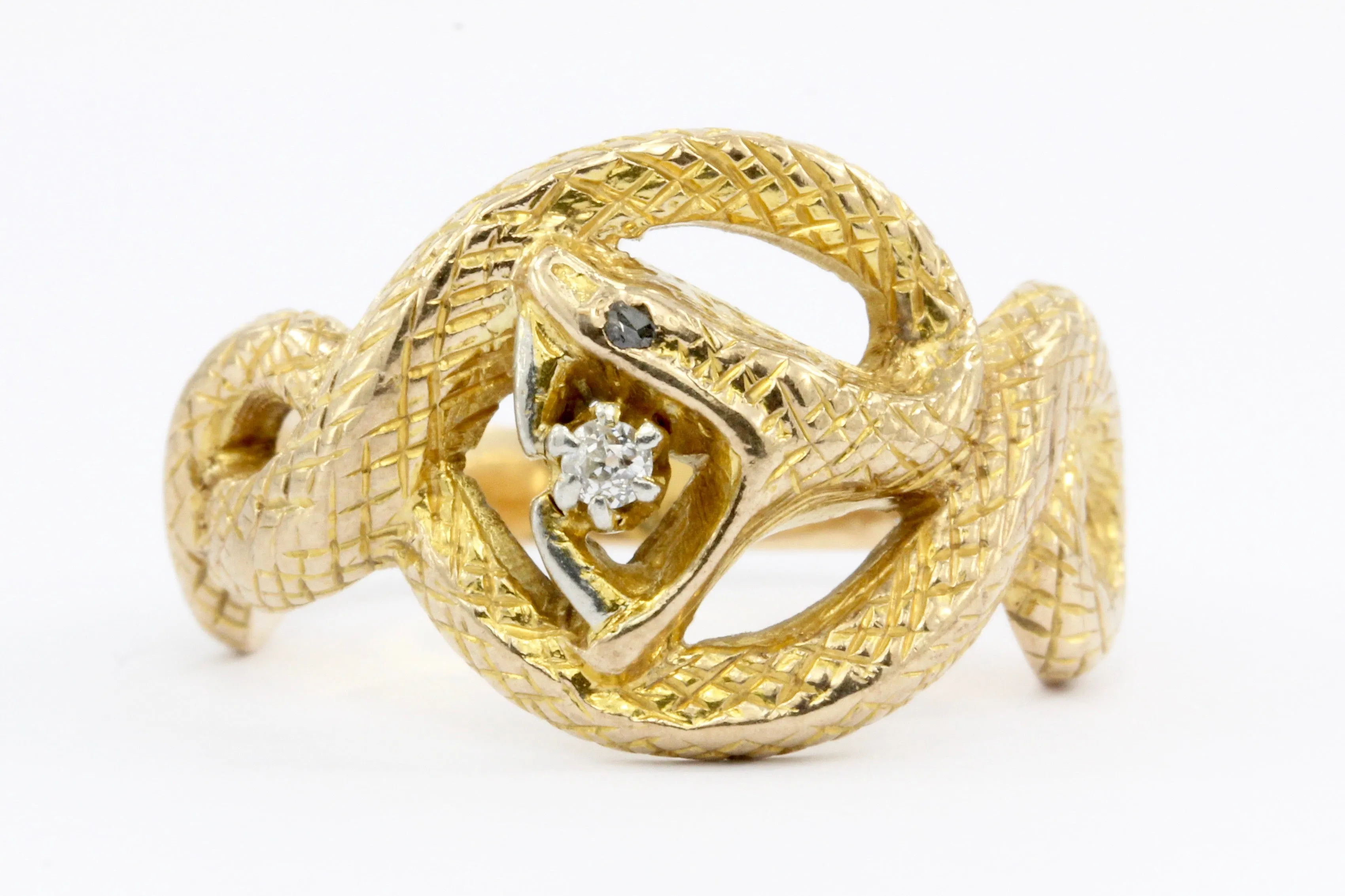 Victorian 14K Gold Diamond Curled Snake Ring c.1880