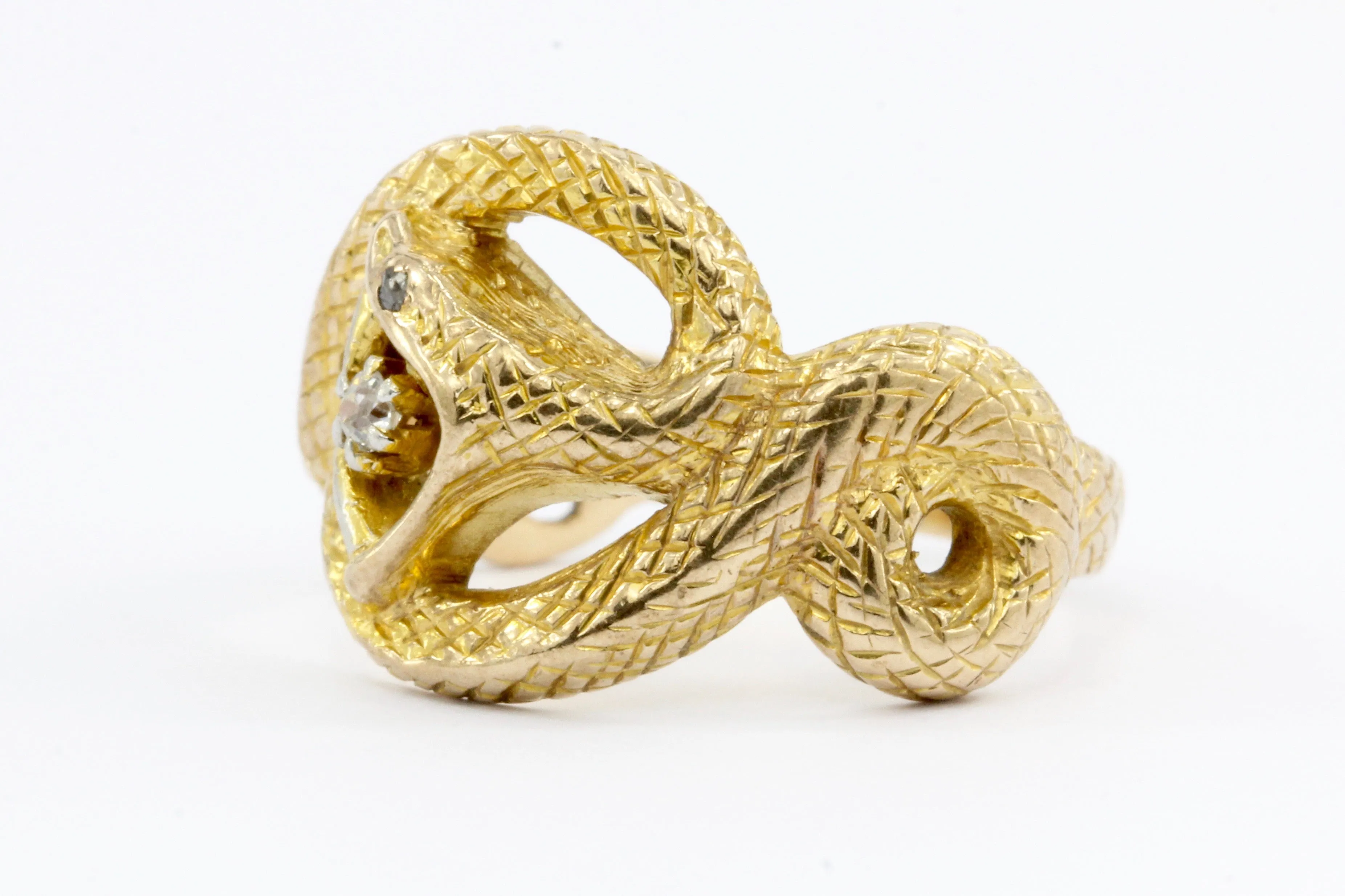 Victorian 14K Gold Diamond Curled Snake Ring c.1880