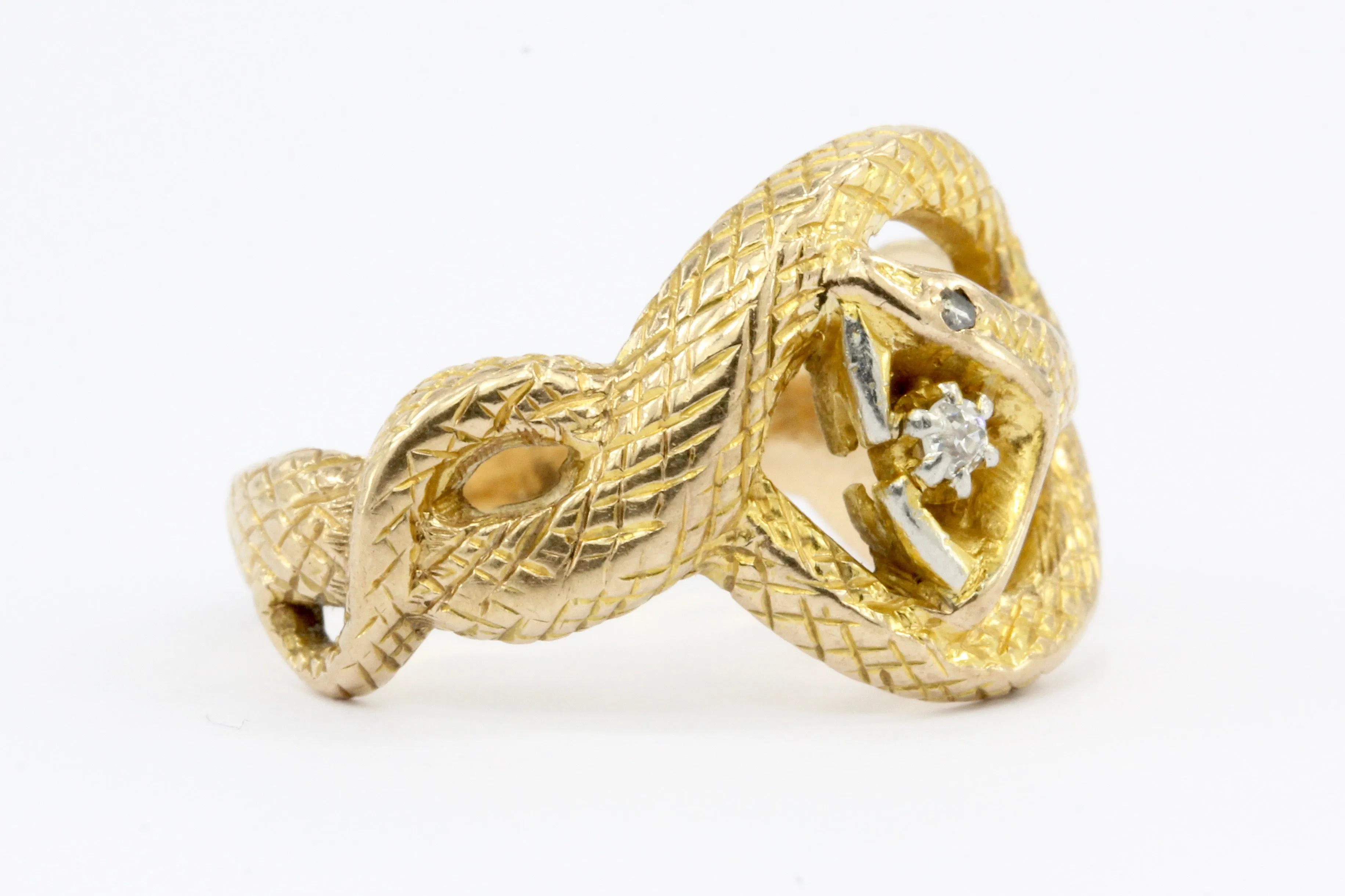Victorian 14K Gold Diamond Curled Snake Ring c.1880
