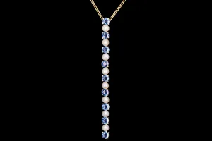 Victorian 14K Yellow Gold 1.8 Carats Total Natural Blue Yogo Gulch Sapphire and Pearl Bar Pin Conversion Necklace