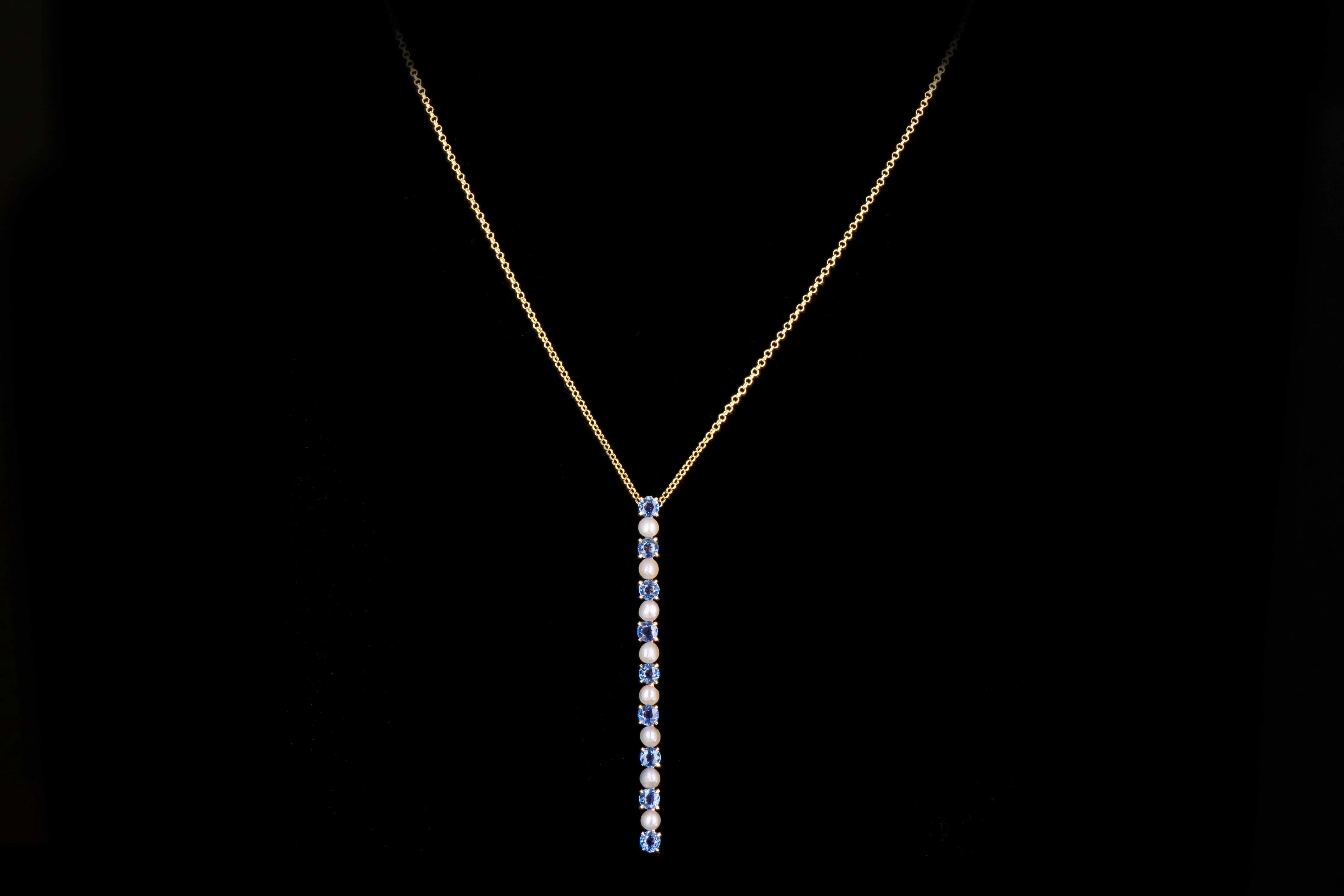 Victorian 14K Yellow Gold 1.8 Carats Total Natural Blue Yogo Gulch Sapphire and Pearl Bar Pin Conversion Necklace