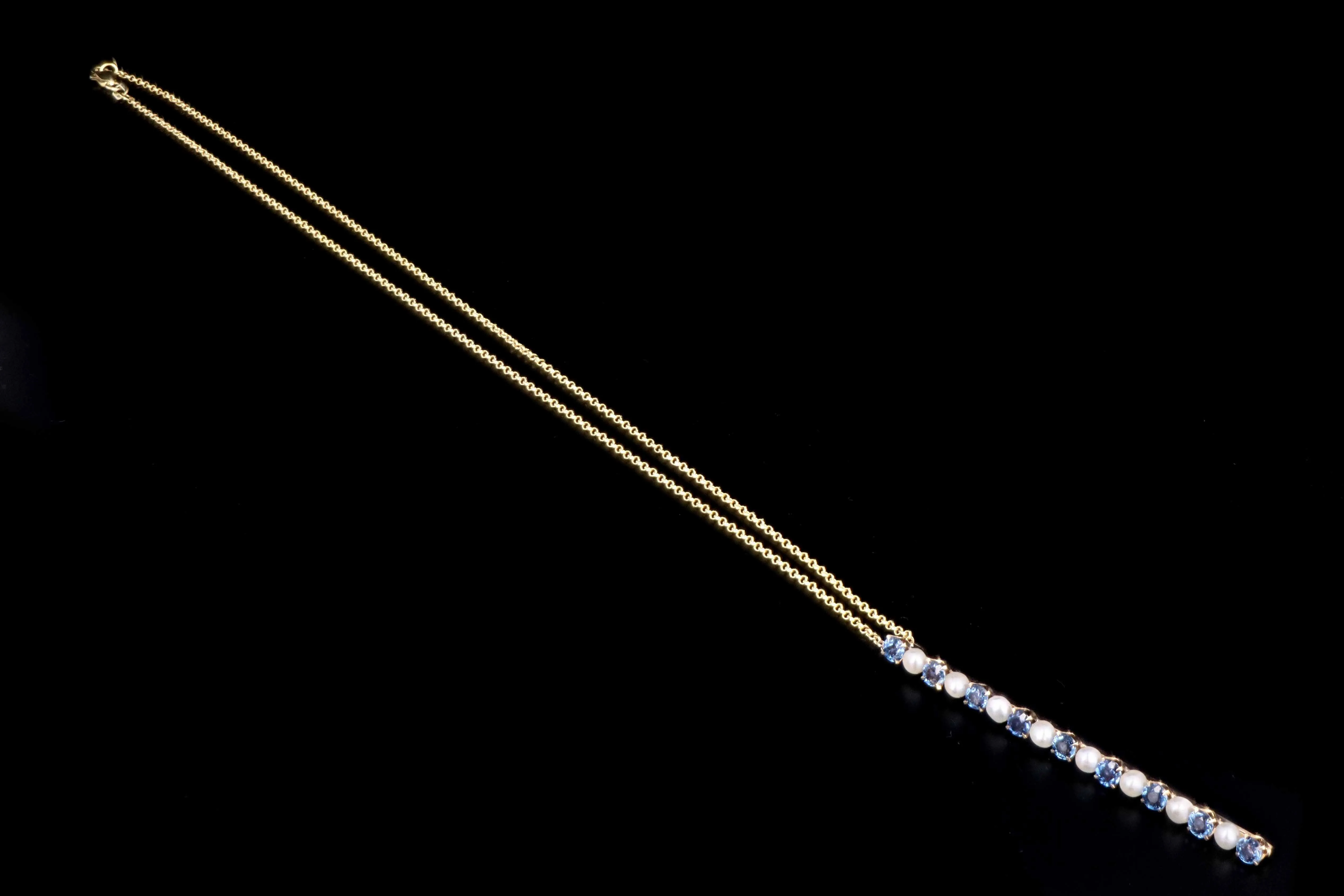 Victorian 14K Yellow Gold 1.8 Carats Total Natural Blue Yogo Gulch Sapphire and Pearl Bar Pin Conversion Necklace