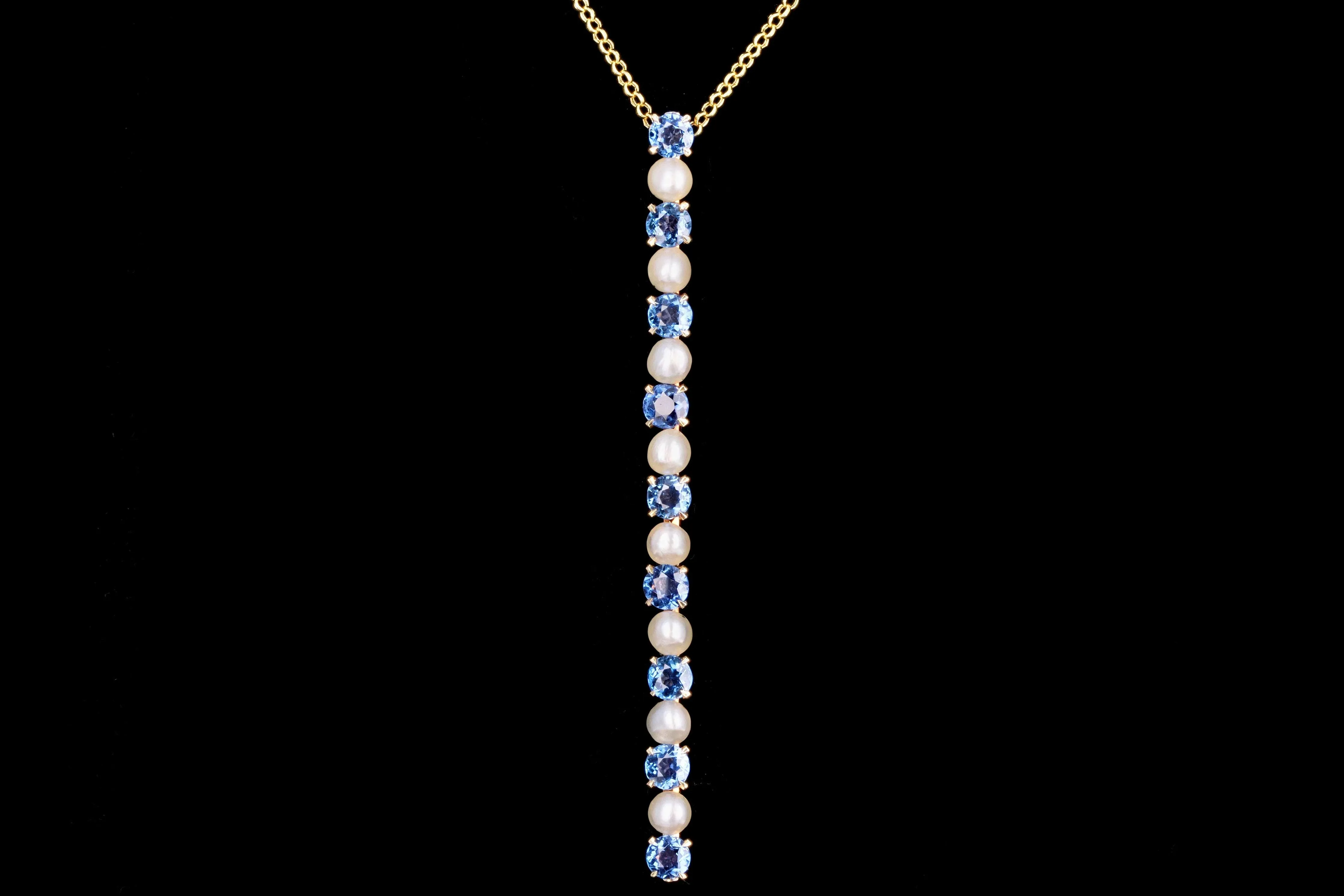 Victorian 14K Yellow Gold 1.8 Carats Total Natural Blue Yogo Gulch Sapphire and Pearl Bar Pin Conversion Necklace