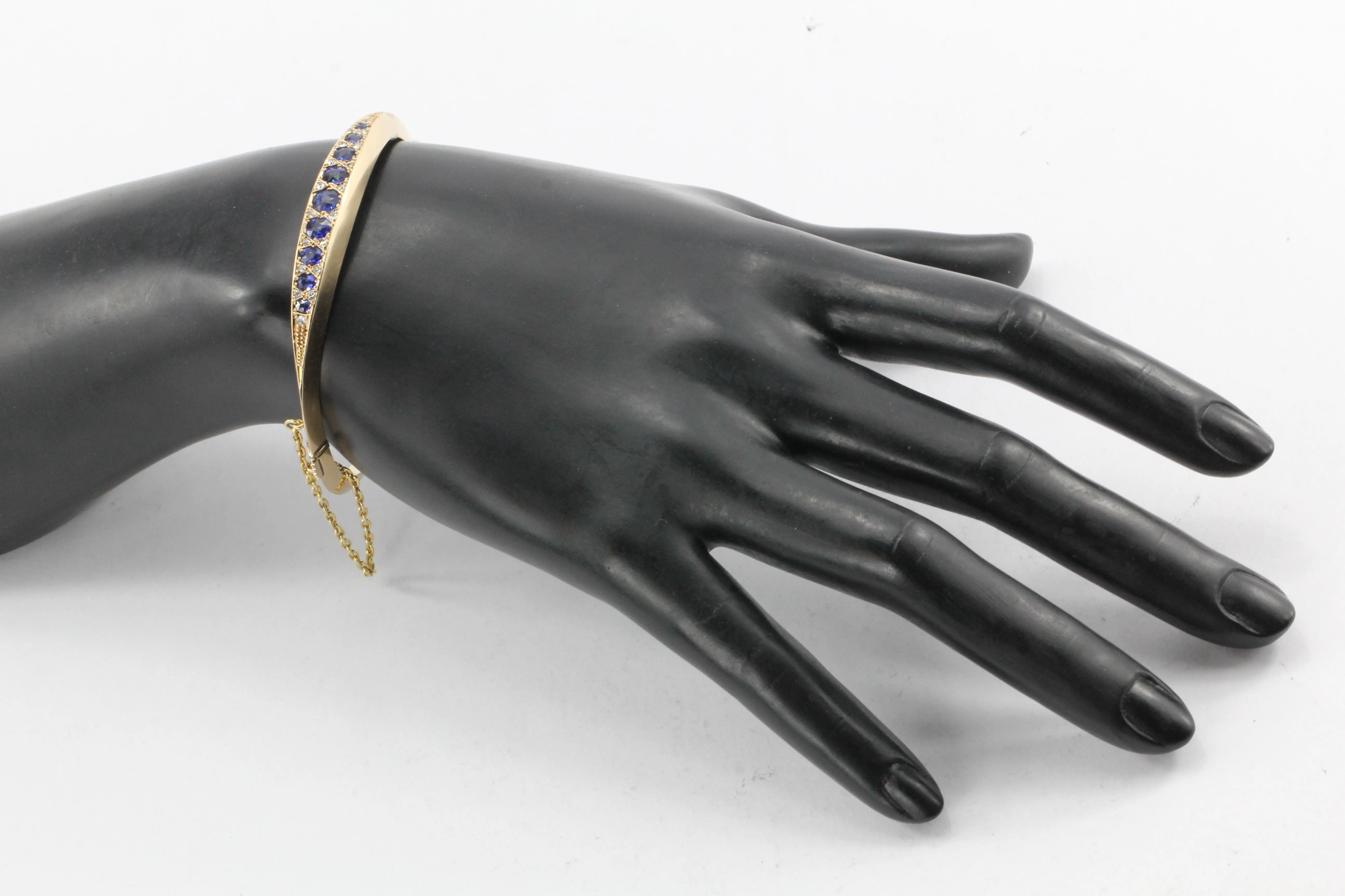 Victorian 15k Gold Natural Sapphire & Old Mine Diamond Bangle Bracelet c.1890's