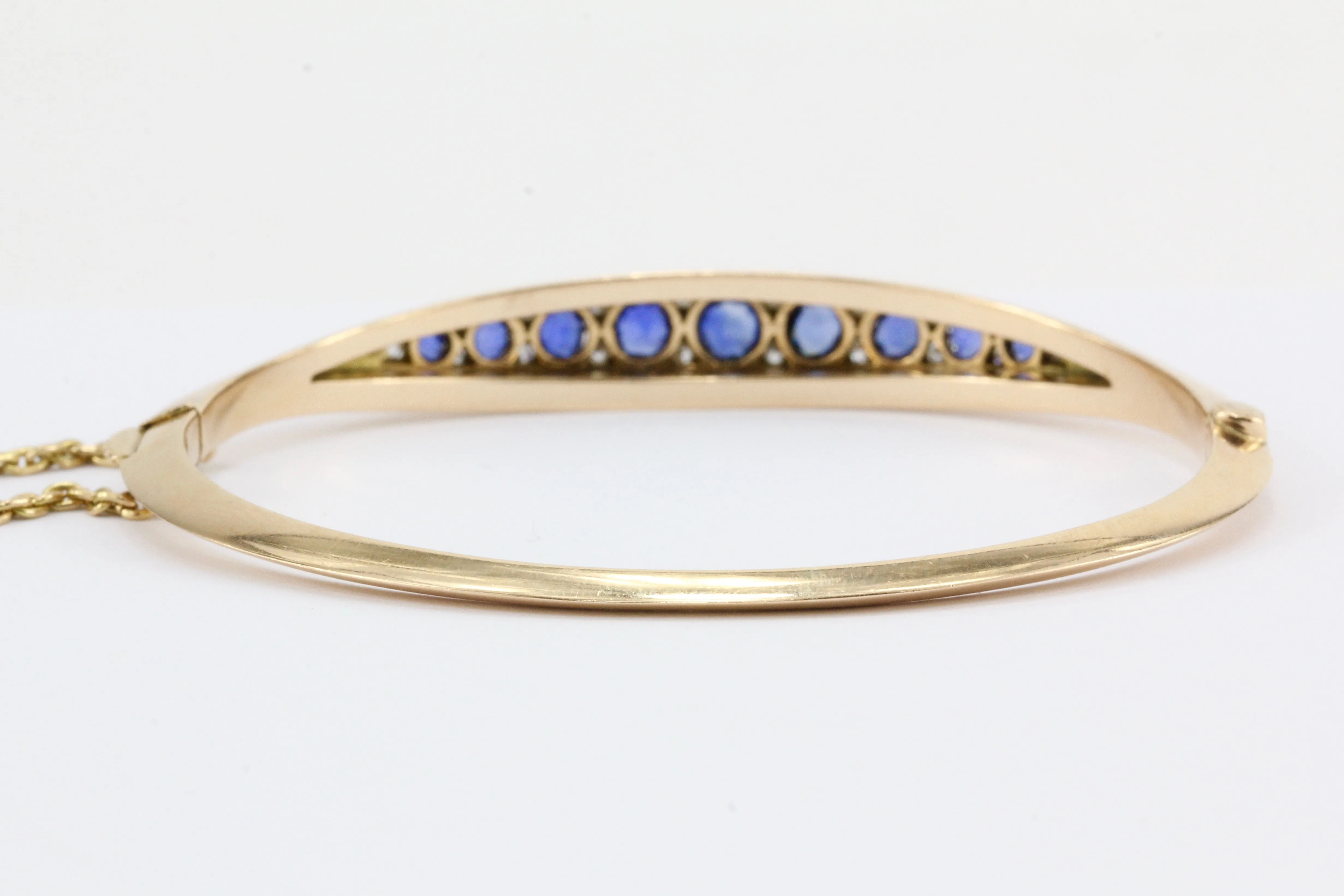 Victorian 15k Gold Natural Sapphire & Old Mine Diamond Bangle Bracelet c.1890's