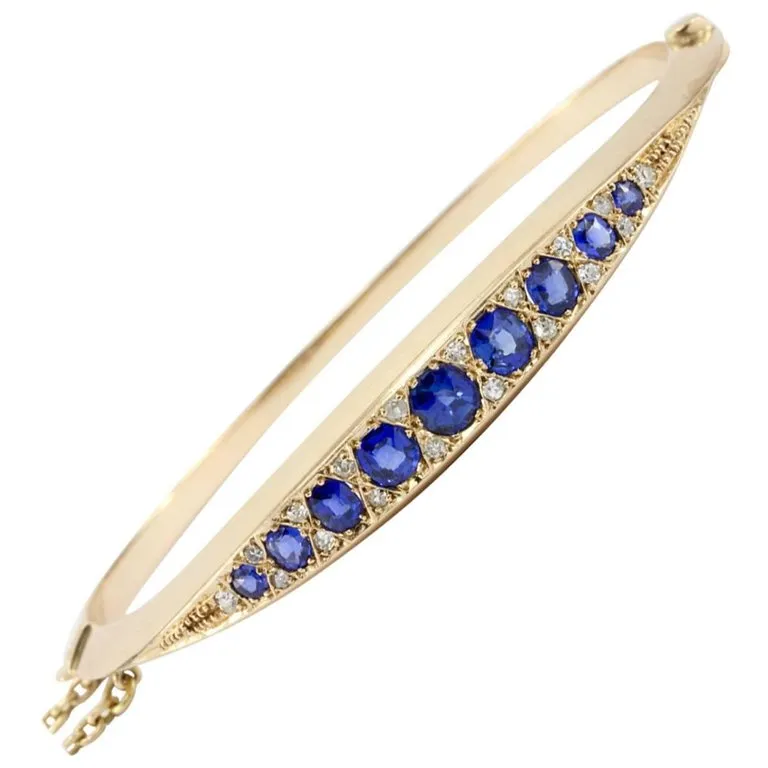 Victorian 15k Gold Natural Sapphire & Old Mine Diamond Bangle Bracelet c.1890's