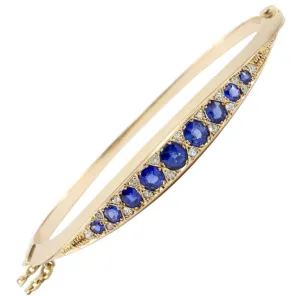 Victorian 15k Gold Natural Sapphire & Old Mine Diamond Bangle Bracelet c.1890's