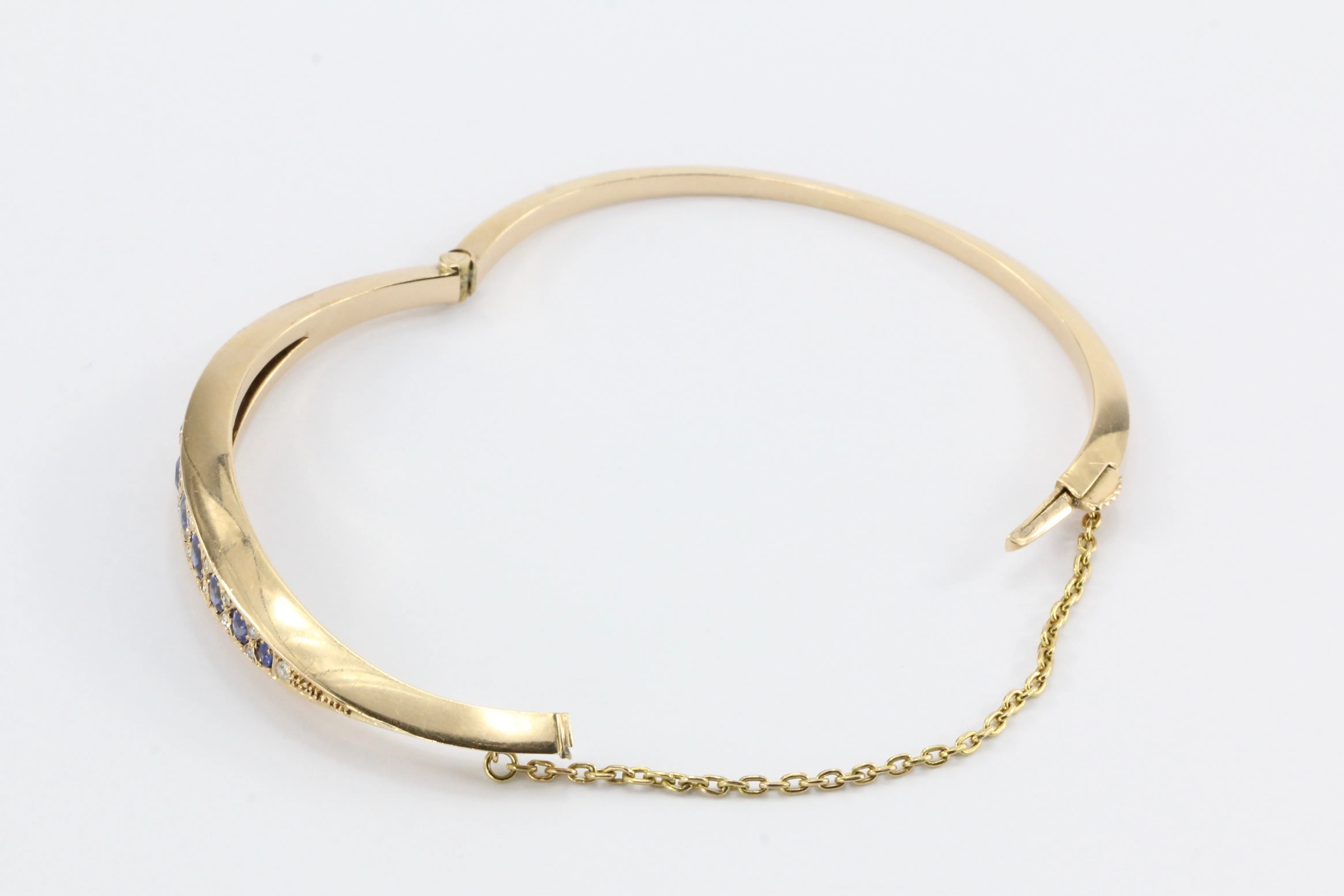 Victorian 15k Gold Natural Sapphire & Old Mine Diamond Bangle Bracelet c.1890's