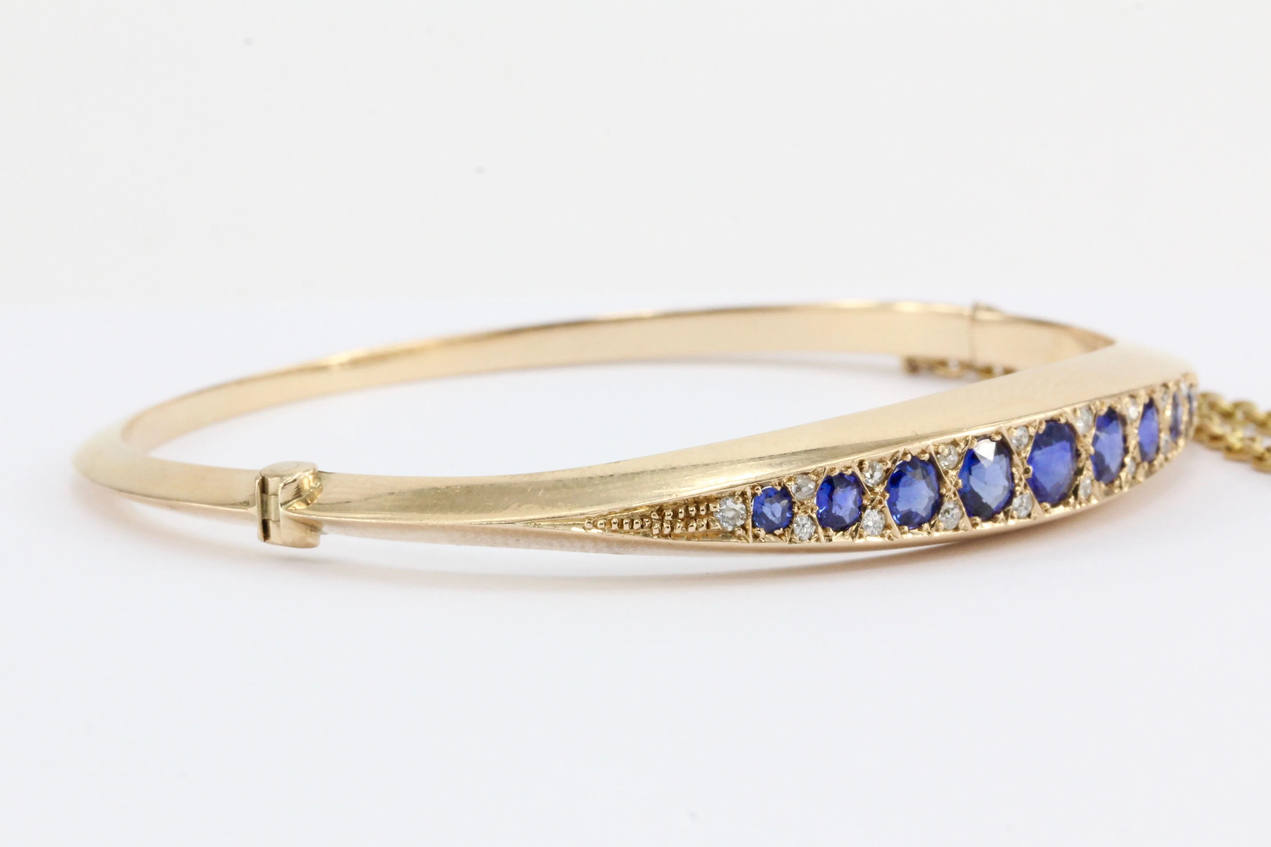 Victorian 15k Gold Natural Sapphire & Old Mine Diamond Bangle Bracelet c.1890's