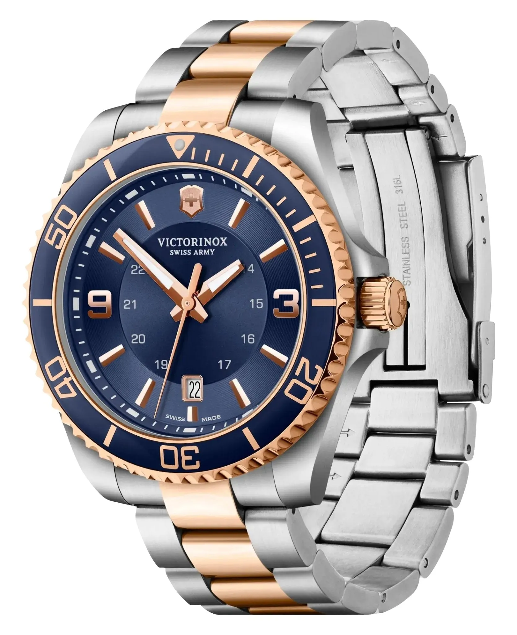 Victorinox Swiss Army Maverick Large Two-Tone Stainless Steel Blue Dial Date Quartz Mens Watch 241950