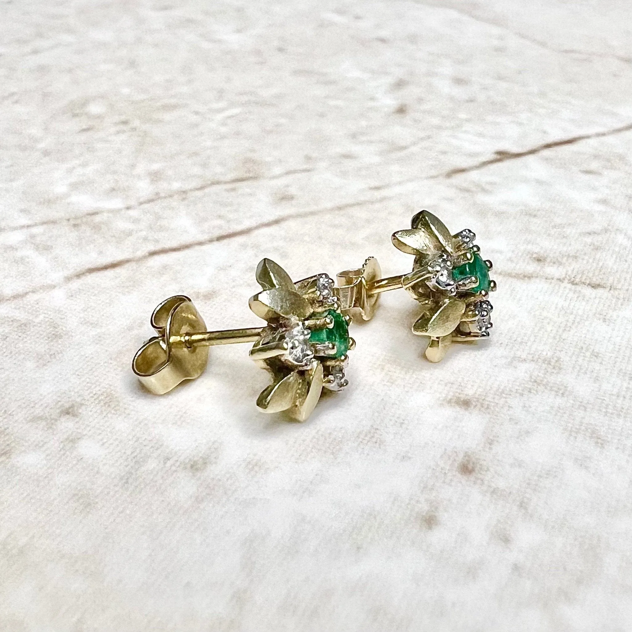 Vintage 14 Karat Yellow Gold Floral Diamond & Emerald Stud Earrings