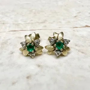 Vintage 14 Karat Yellow Gold Floral Diamond & Emerald Stud Earrings
