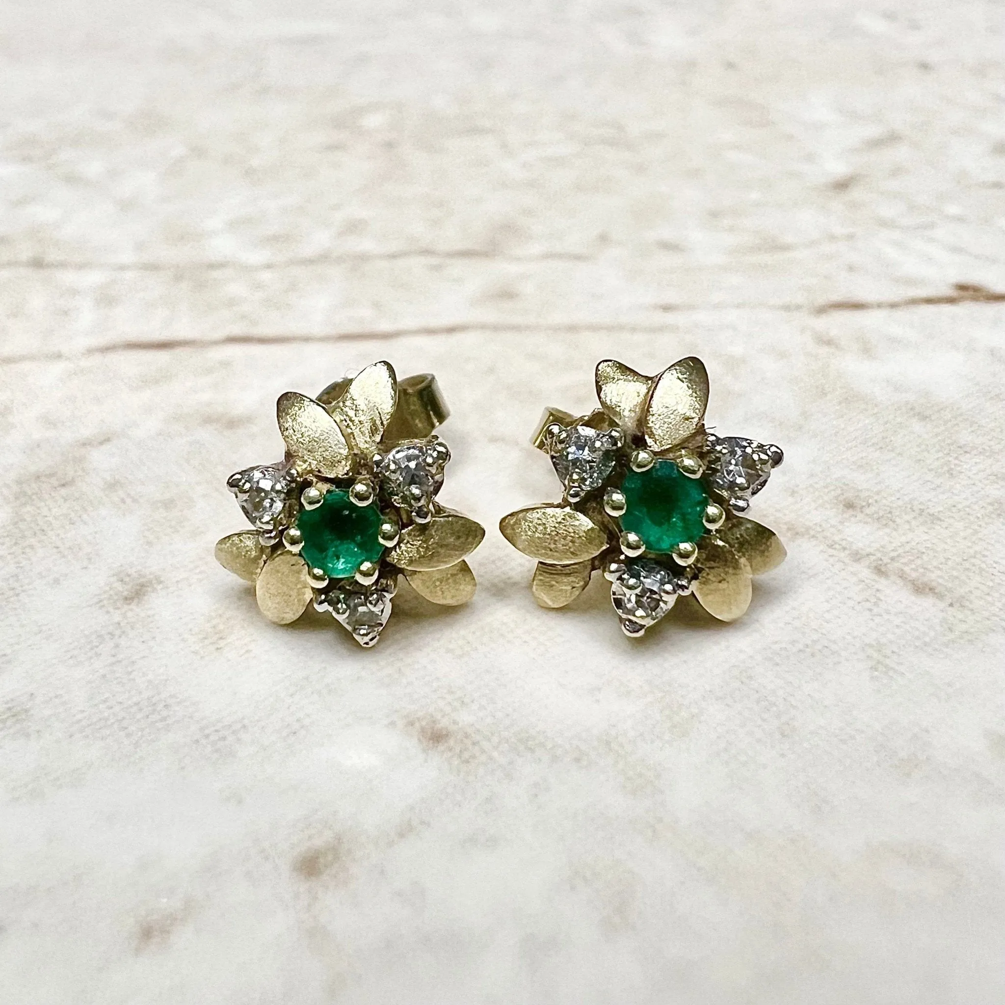 Vintage 14 Karat Yellow Gold Floral Diamond & Emerald Stud Earrings