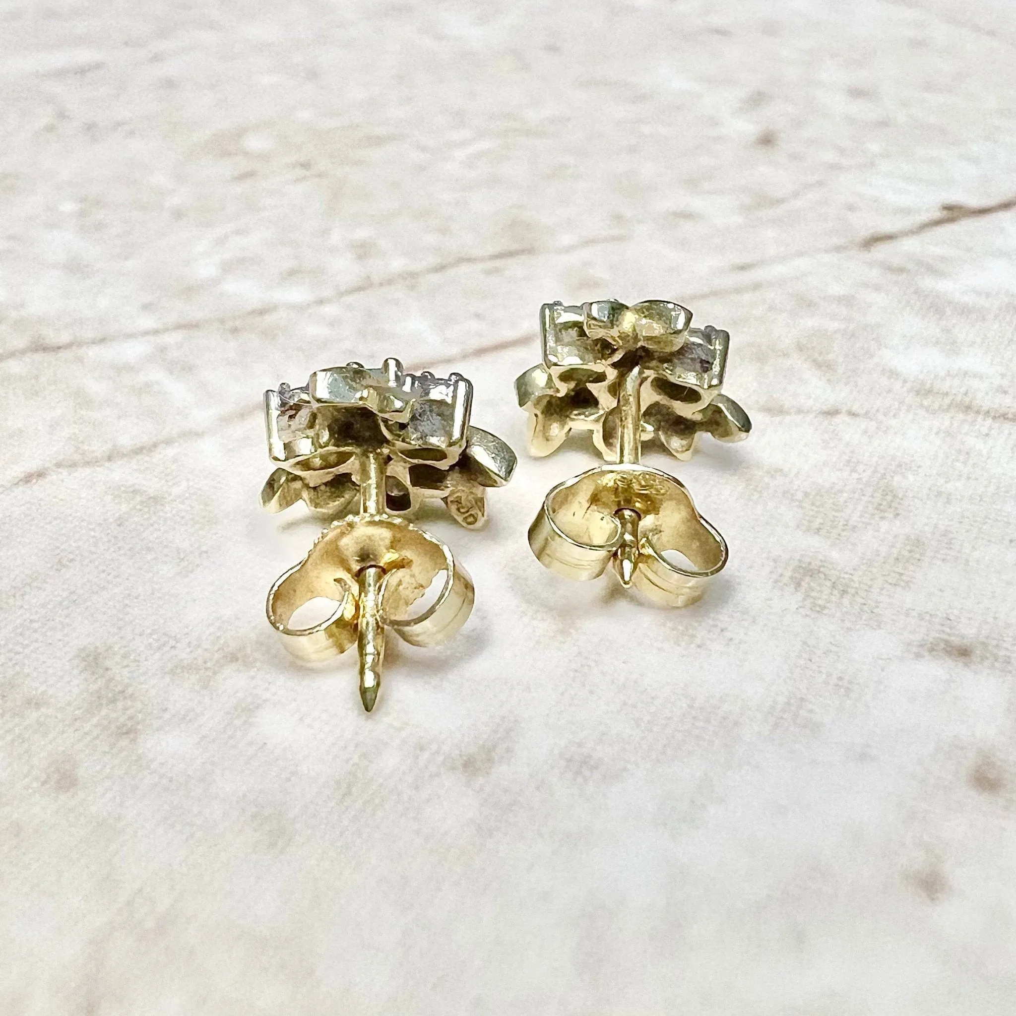 Vintage 14 Karat Yellow Gold Floral Diamond & Emerald Stud Earrings