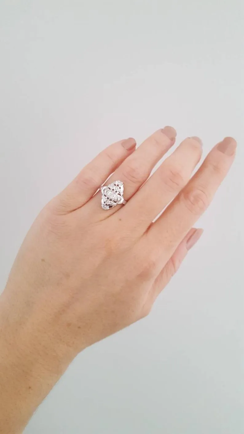 Vintage 14k White Gold and Diamond Navette Ring