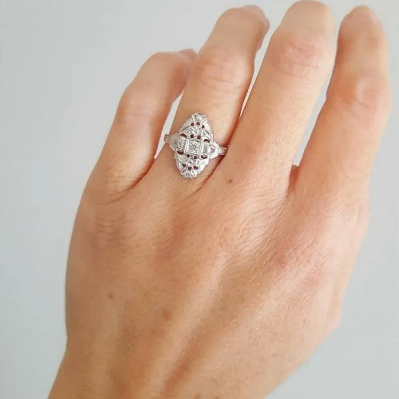 Vintage 14k White Gold and Diamond Navette Ring