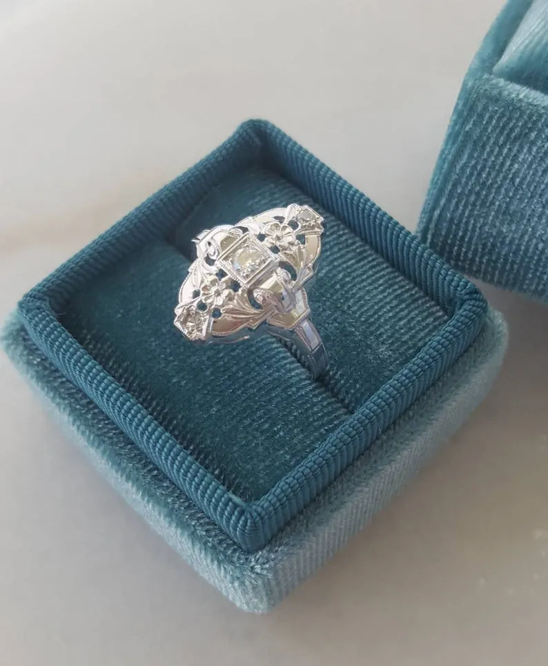 Vintage 14k White Gold and Diamond Navette Ring