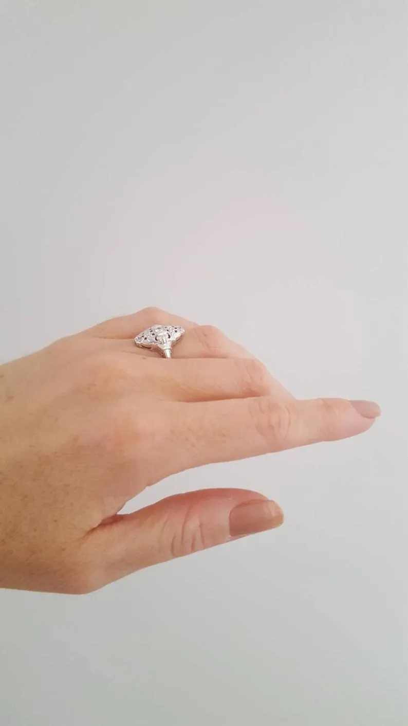 Vintage 14k White Gold and Diamond Navette Ring