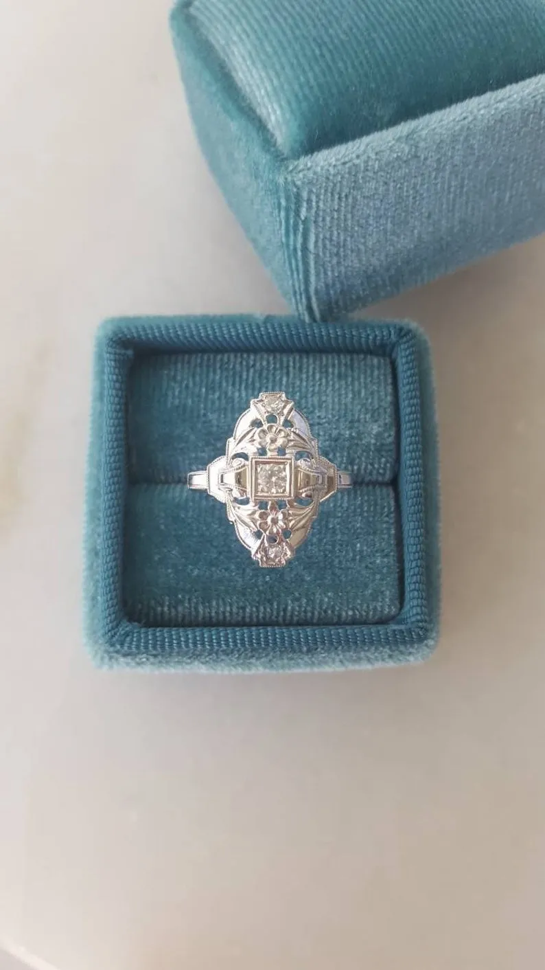 Vintage 14k White Gold and Diamond Navette Ring