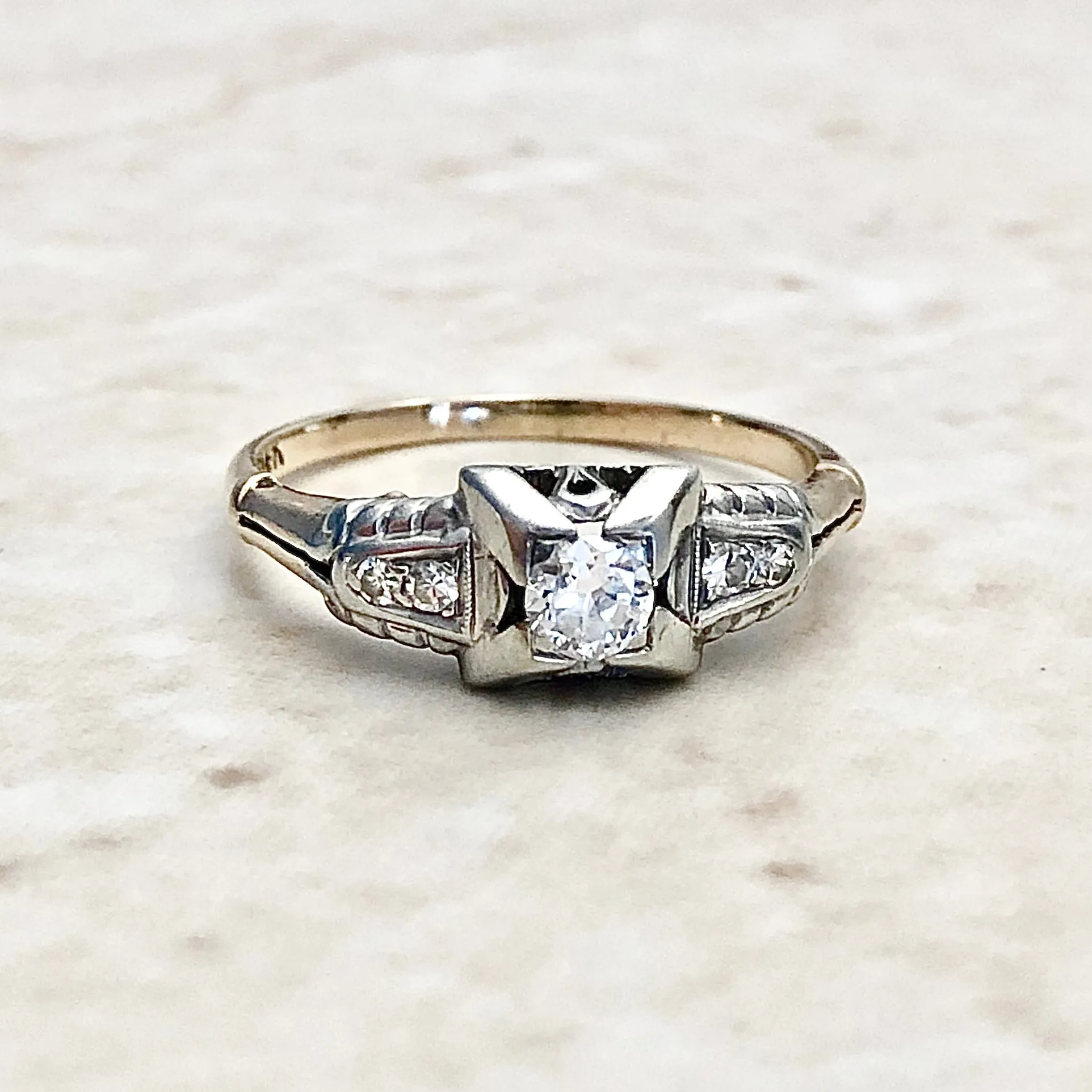 Vintage Art Deco 14 Karat Two-Tone Gold Carat Diamond Engagement Ring