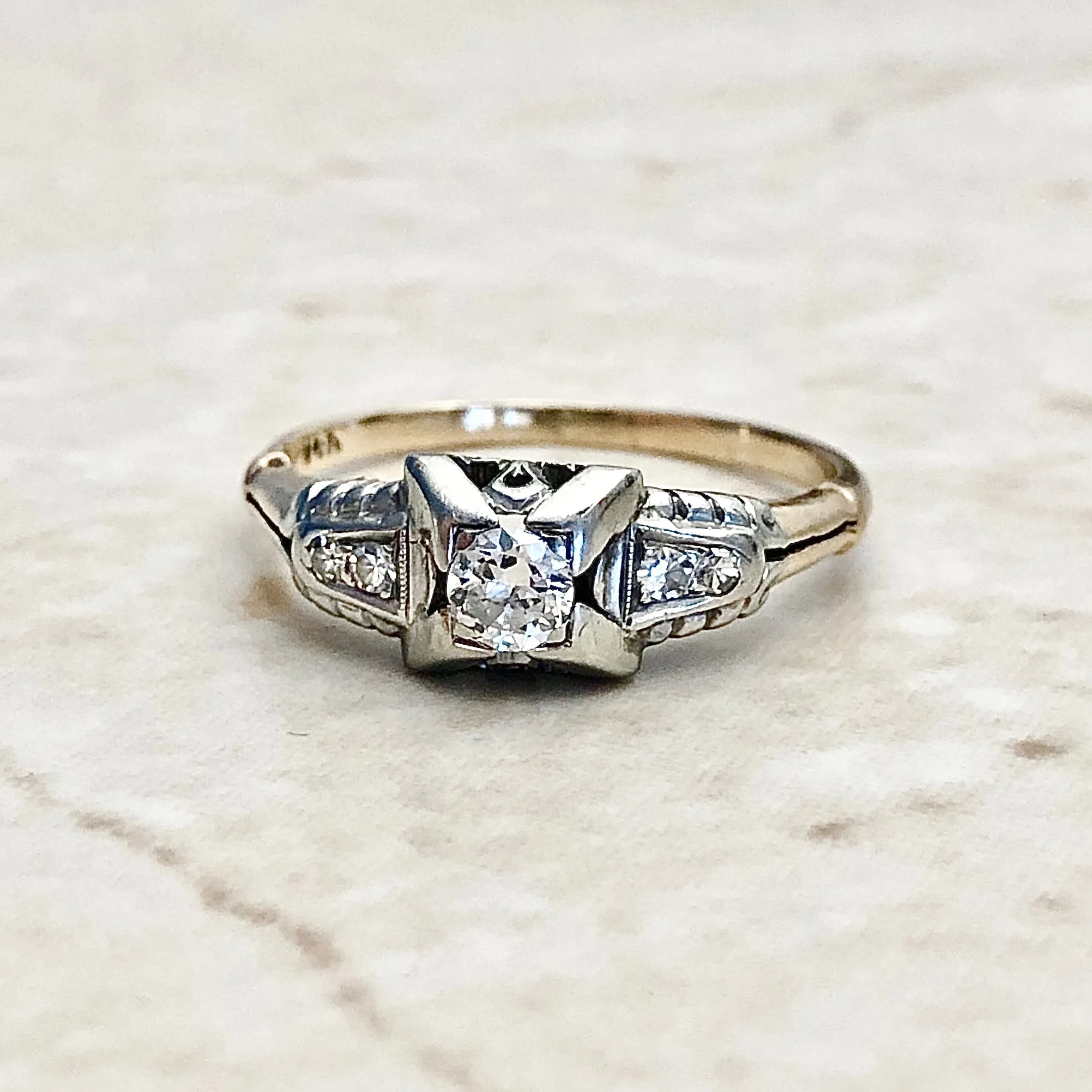 Vintage Art Deco 14 Karat Two-Tone Gold Carat Diamond Engagement Ring