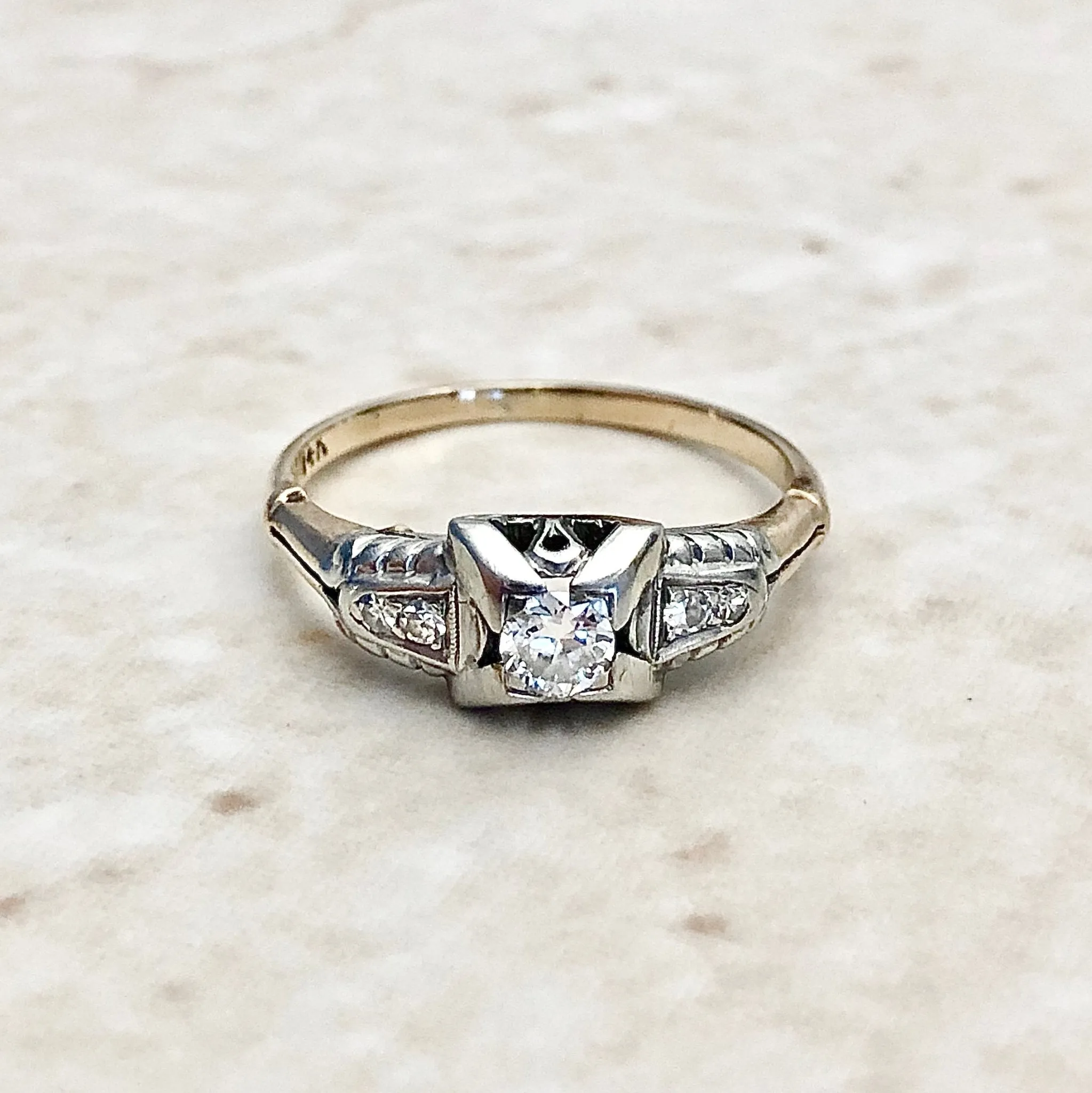 Vintage Art Deco 14 Karat Two-Tone Gold Carat Diamond Engagement Ring