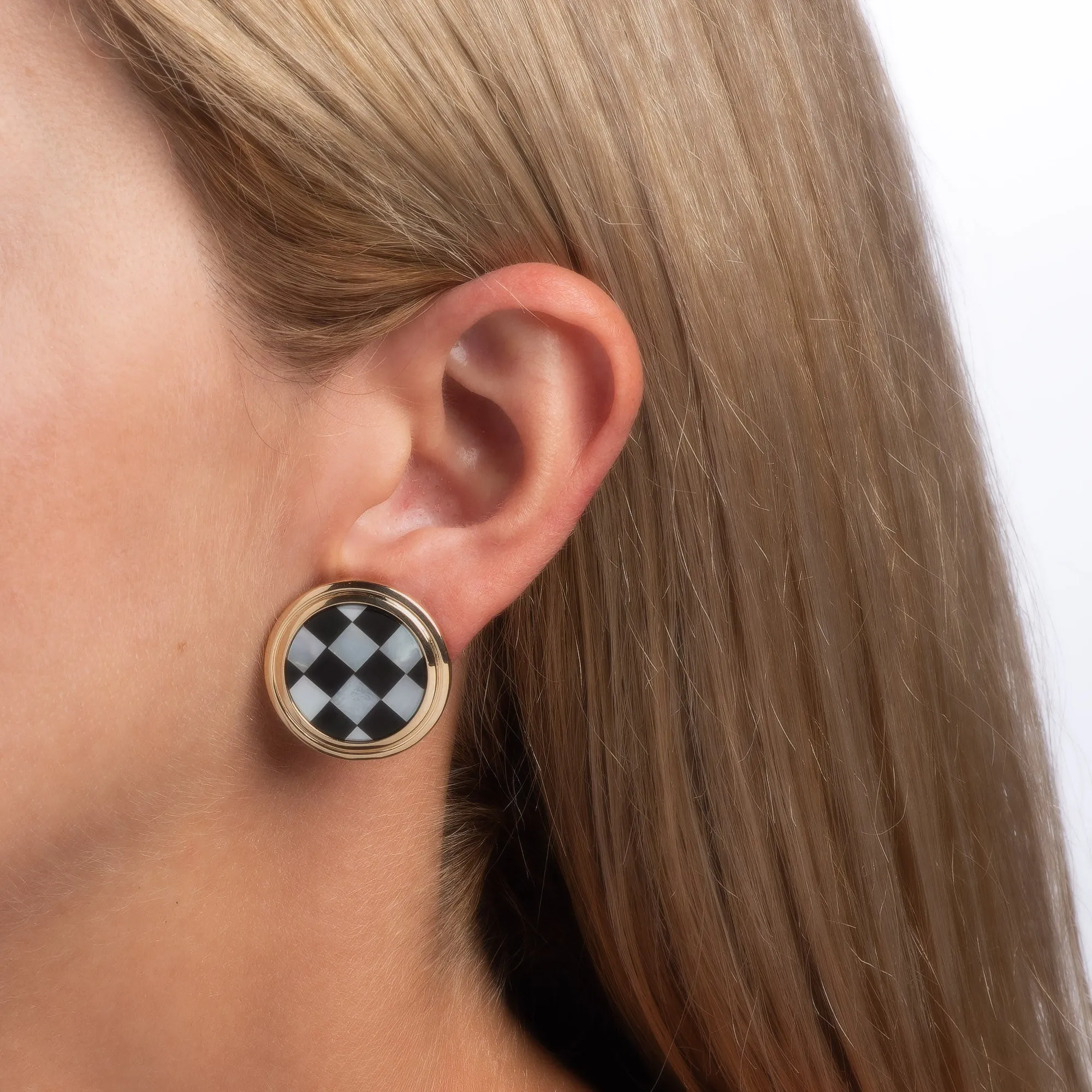 Vintage Checkerboard Earrings Larter & Sons Inlaid Onyx MOP 14k Yellow Gold